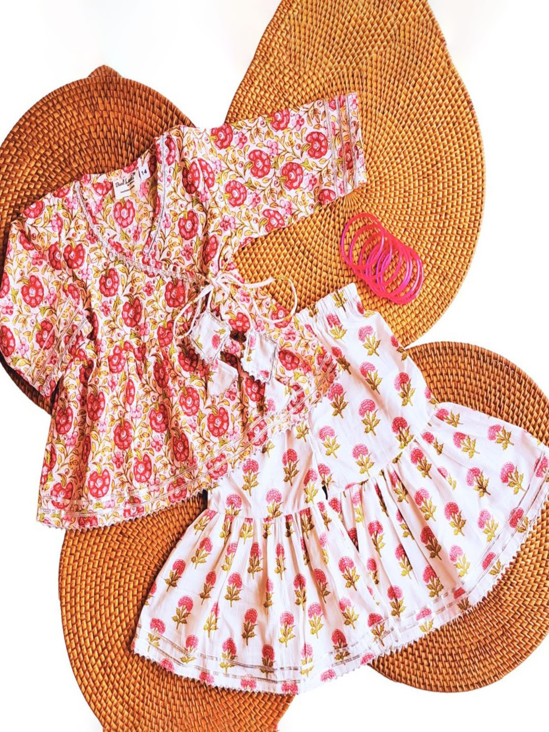 Baal Leela Gulnaar Kids Floral Printed V-Neck Angrakha Anarkali Pure Cotton Sharara Set