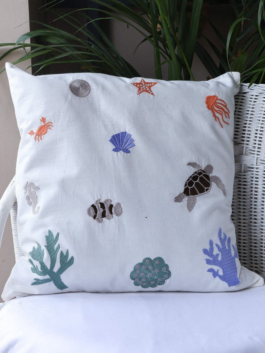 Sangria White & Multicoloured Sean Animal Embroidered Square Cushion Covers