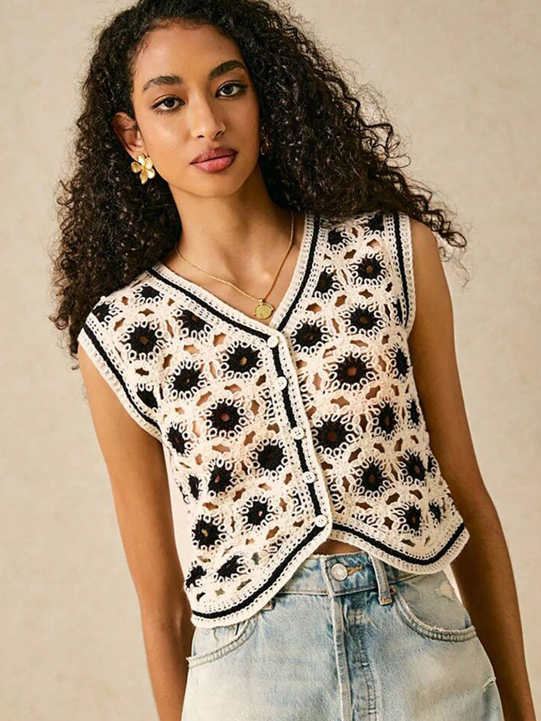 JC Mode Wmen Self Design Embroidered Sleeveless Crochet Crop Top
