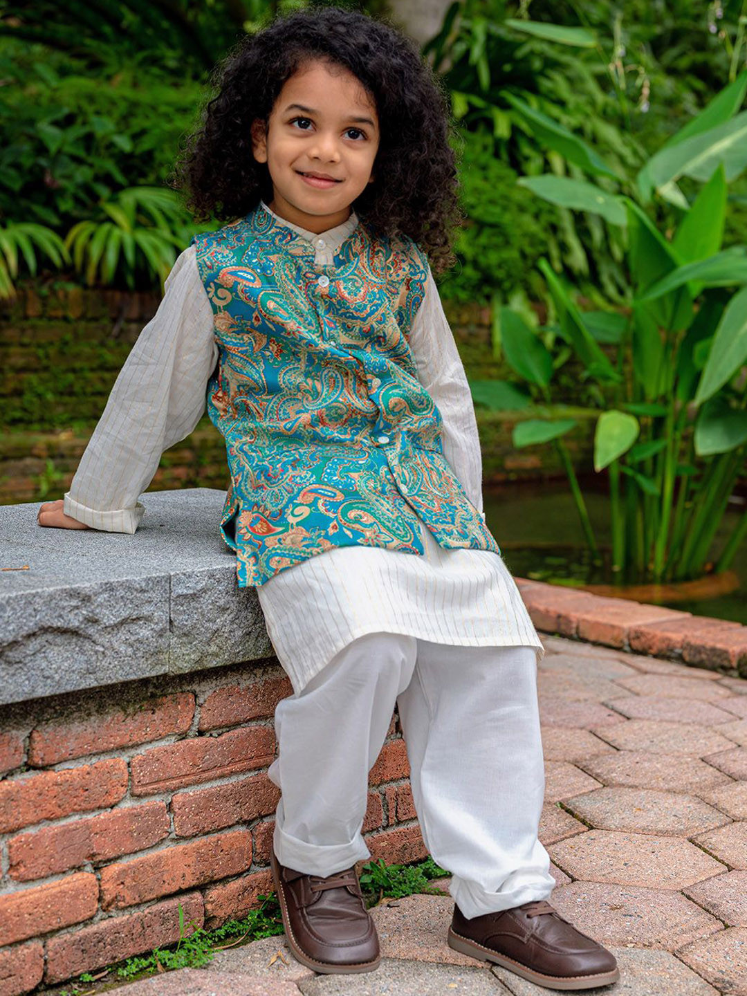 NIMBU Boys Striped Cotton Kurta with Pyjamas