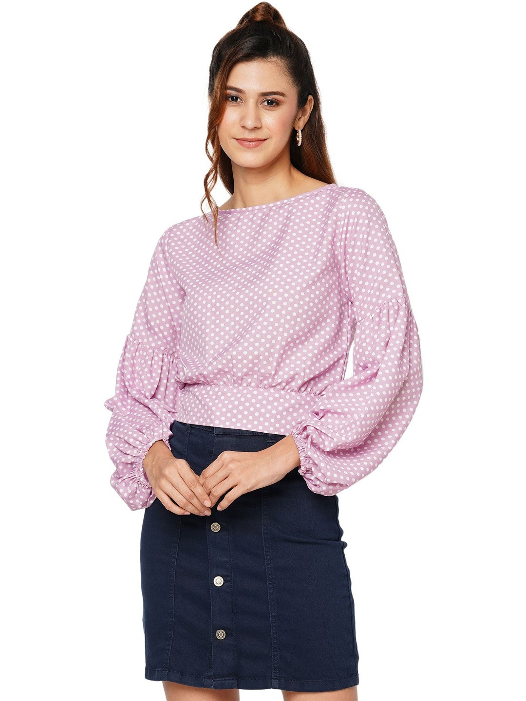 G0-4 IT Polka Dot Printed Tie Ups Bishop Sleeves Georgette Top