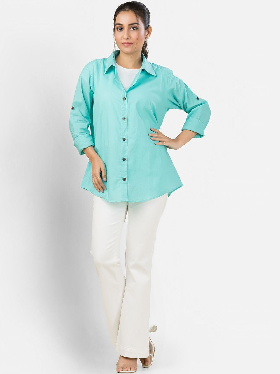 Crazy Needle Women Roll-Up Sleeves Cotton Shirt Style Top