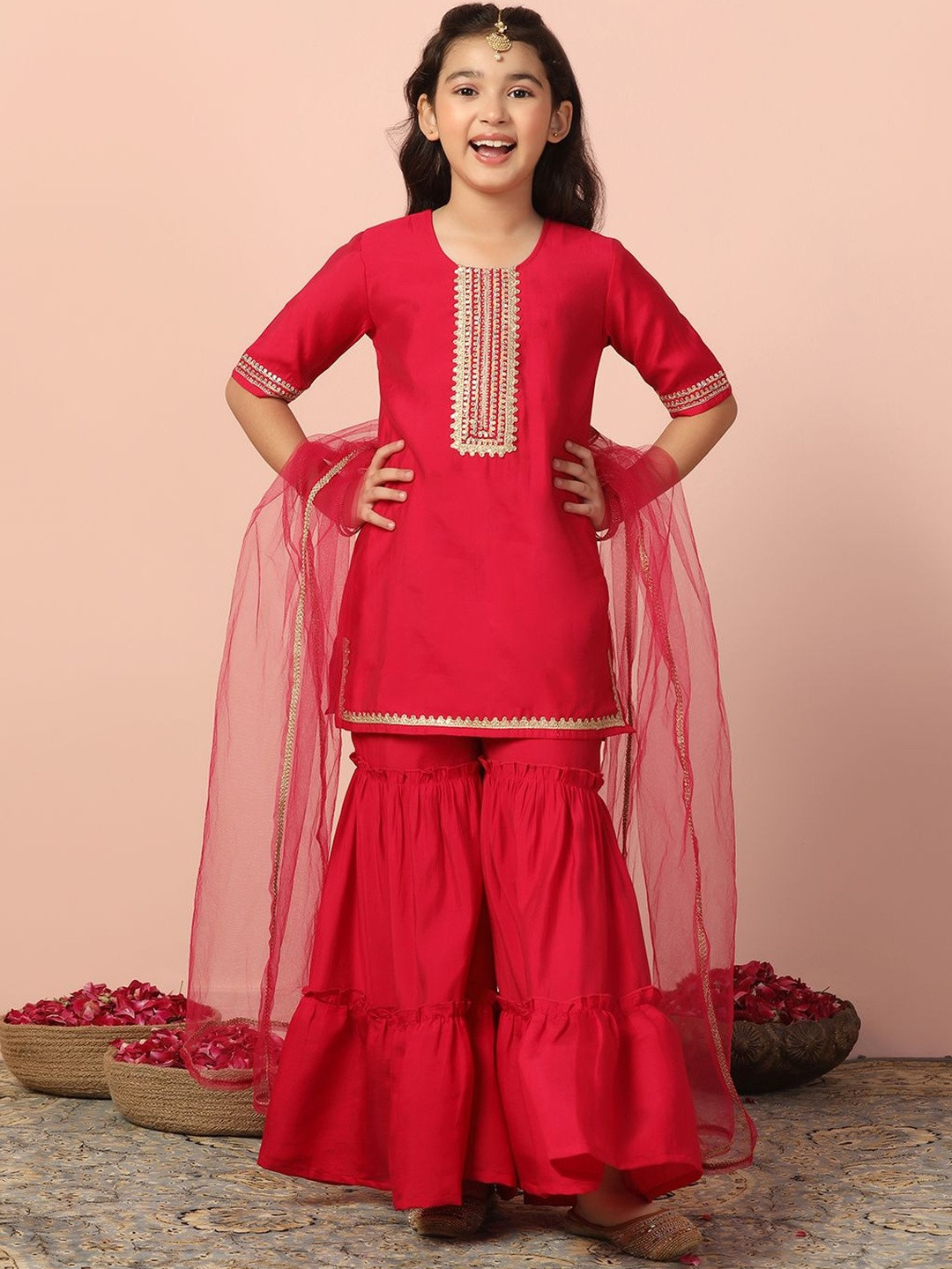 Sangria Girls Chanderi Silk Embroidery Kurta & Sharara with Dupatta Set