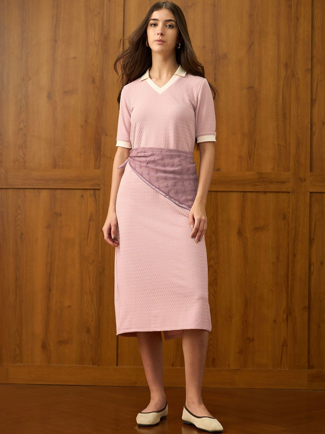 U.S. Polo Assn. Women Self Design Shirt Collar Sheath Midi Dress