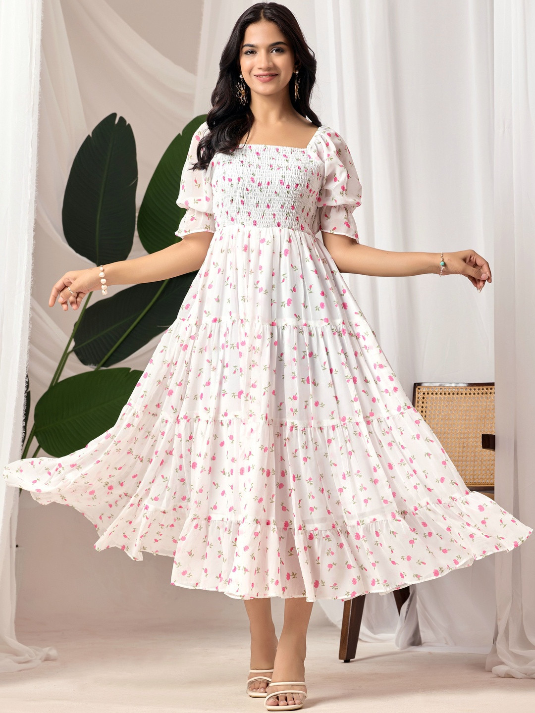 Ironic Creation Floral Printed Smocked Georgette Fit and Flare Midi Dress