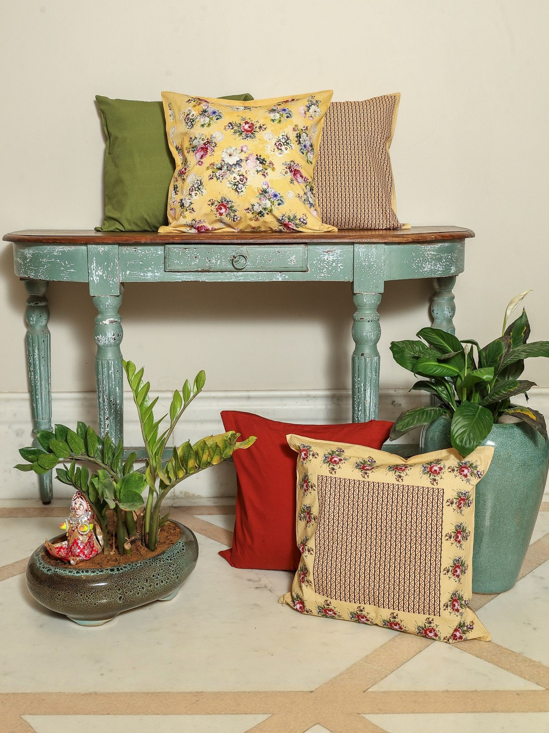 Crown of Poppies Vintage Garden Set Of 5 Cotton Square Cushion Covers