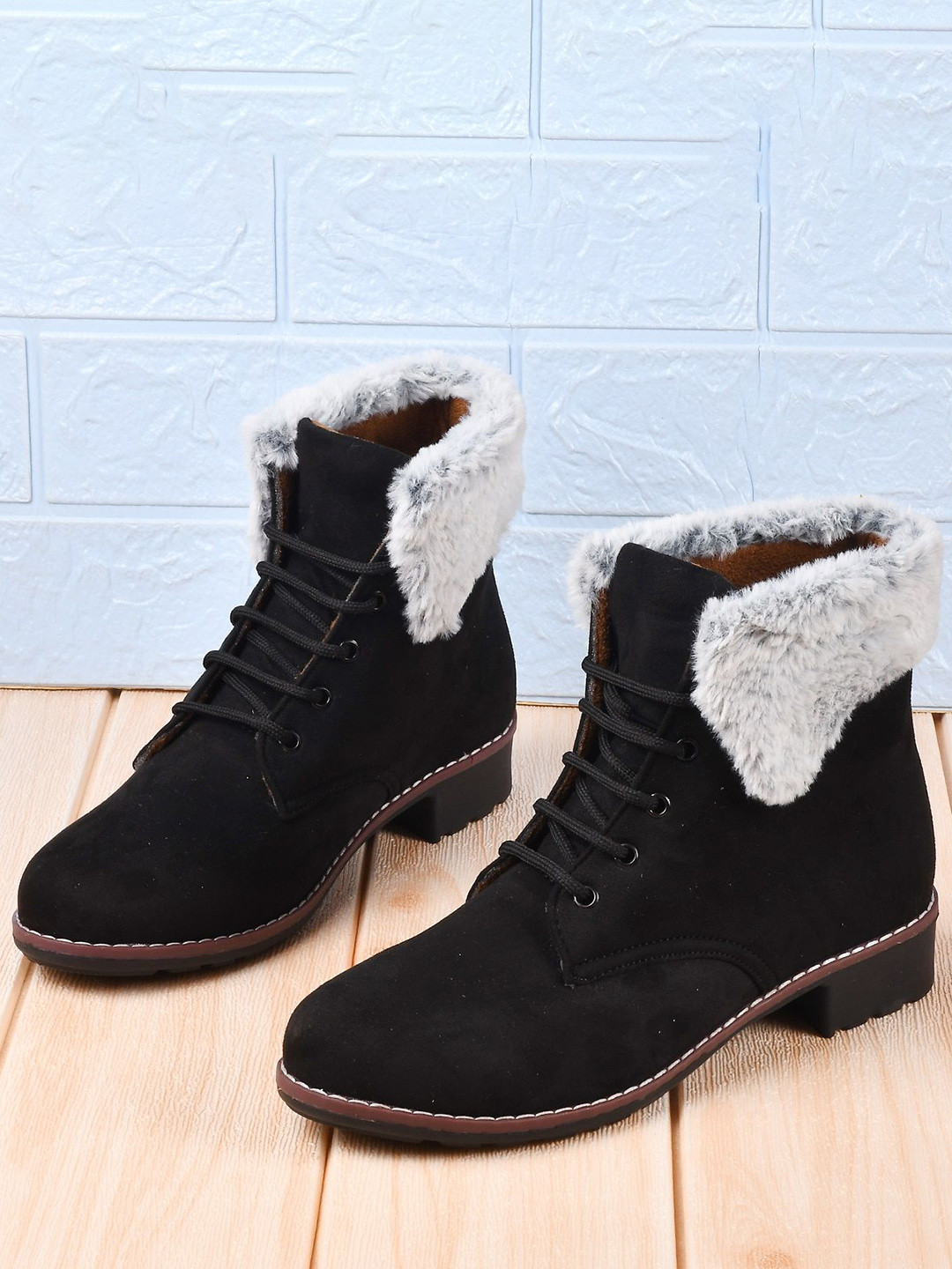 Try Me Women Faux Fur Trim Block-Heeled Regular Boots