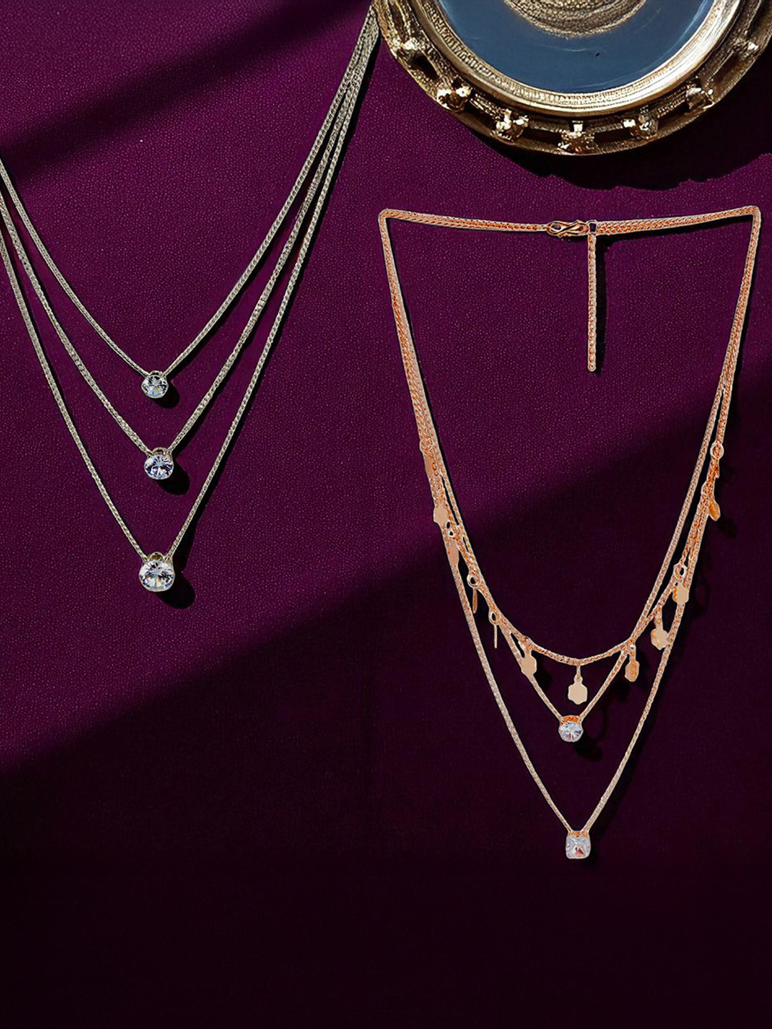 Kord Store Set of 2 Rhodium-Plated CZ-Studded 3 Layered Pendant With Chain