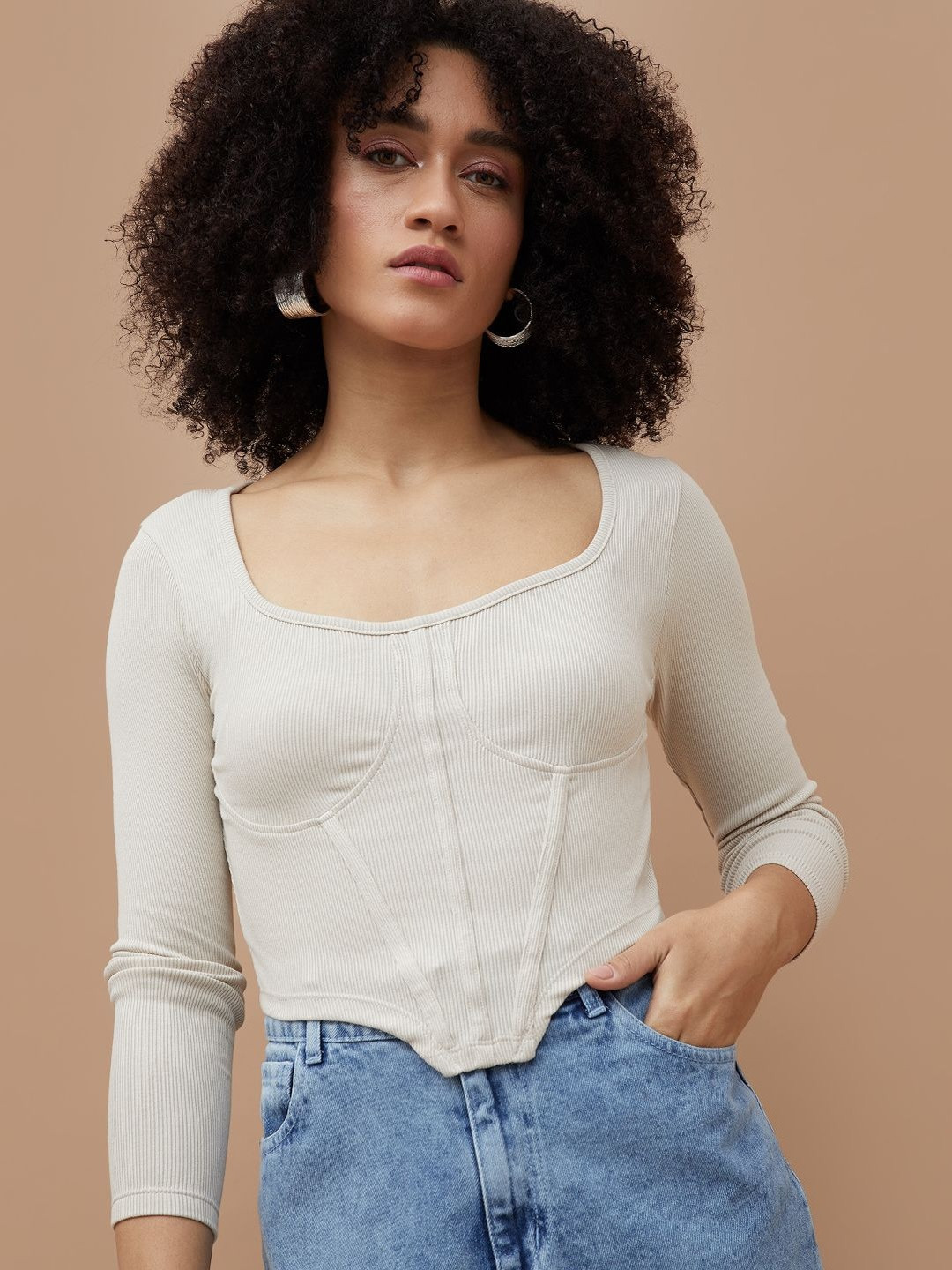 Ginger by Lifestyle Ribbed Cotton Full Sleeve Crop Top