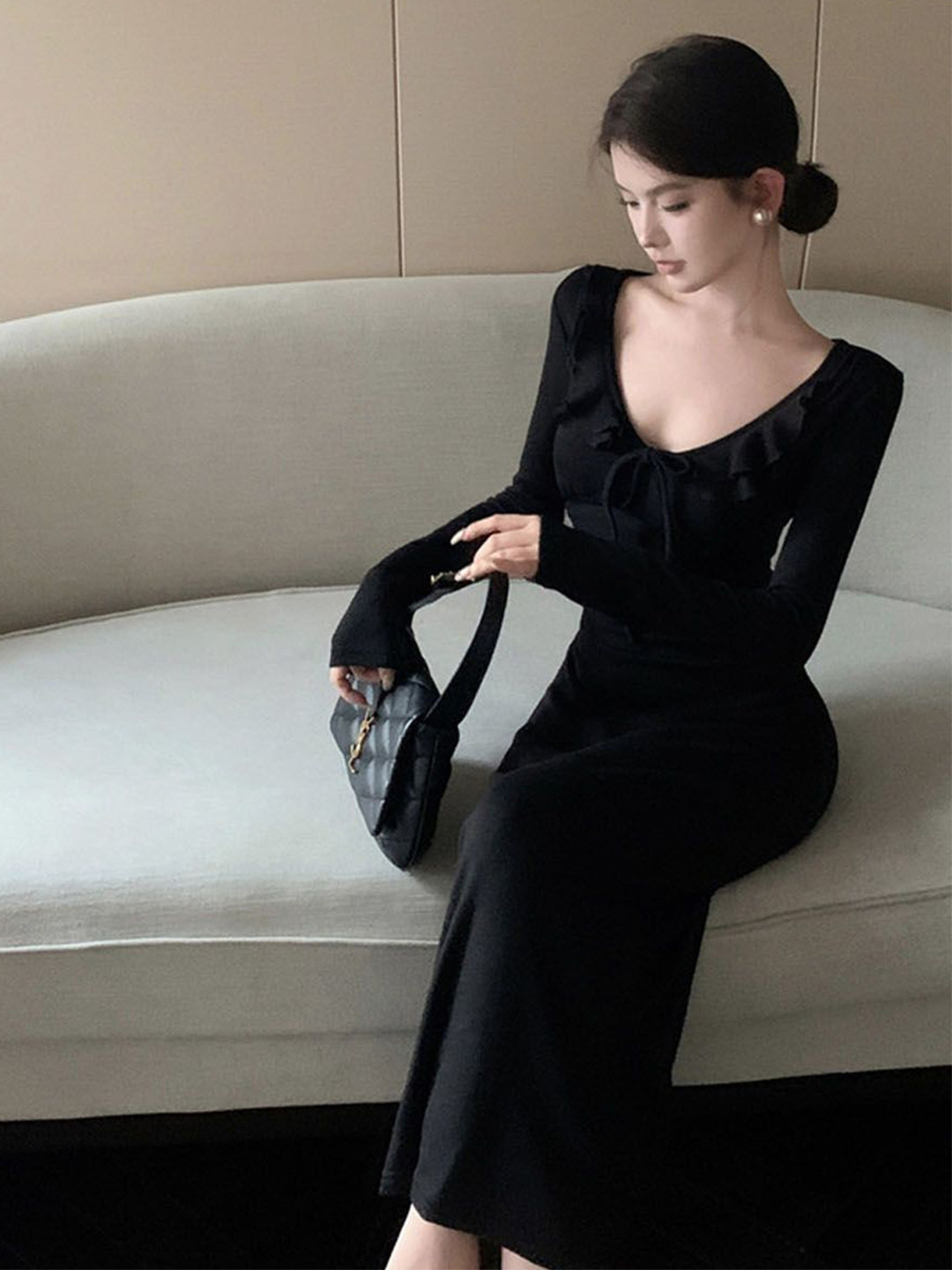 StyleCast Women Ruffled Scoop Neck Long Sleeve Bodycon Midi Dress