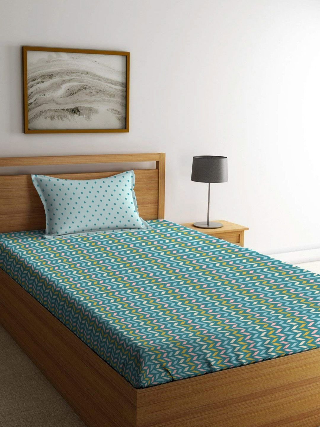 MYTRIDENT Urban Comfort Teal Printed Pure Cotton 144 TC Single Bedsheet Set 2.28 x 1.52 m