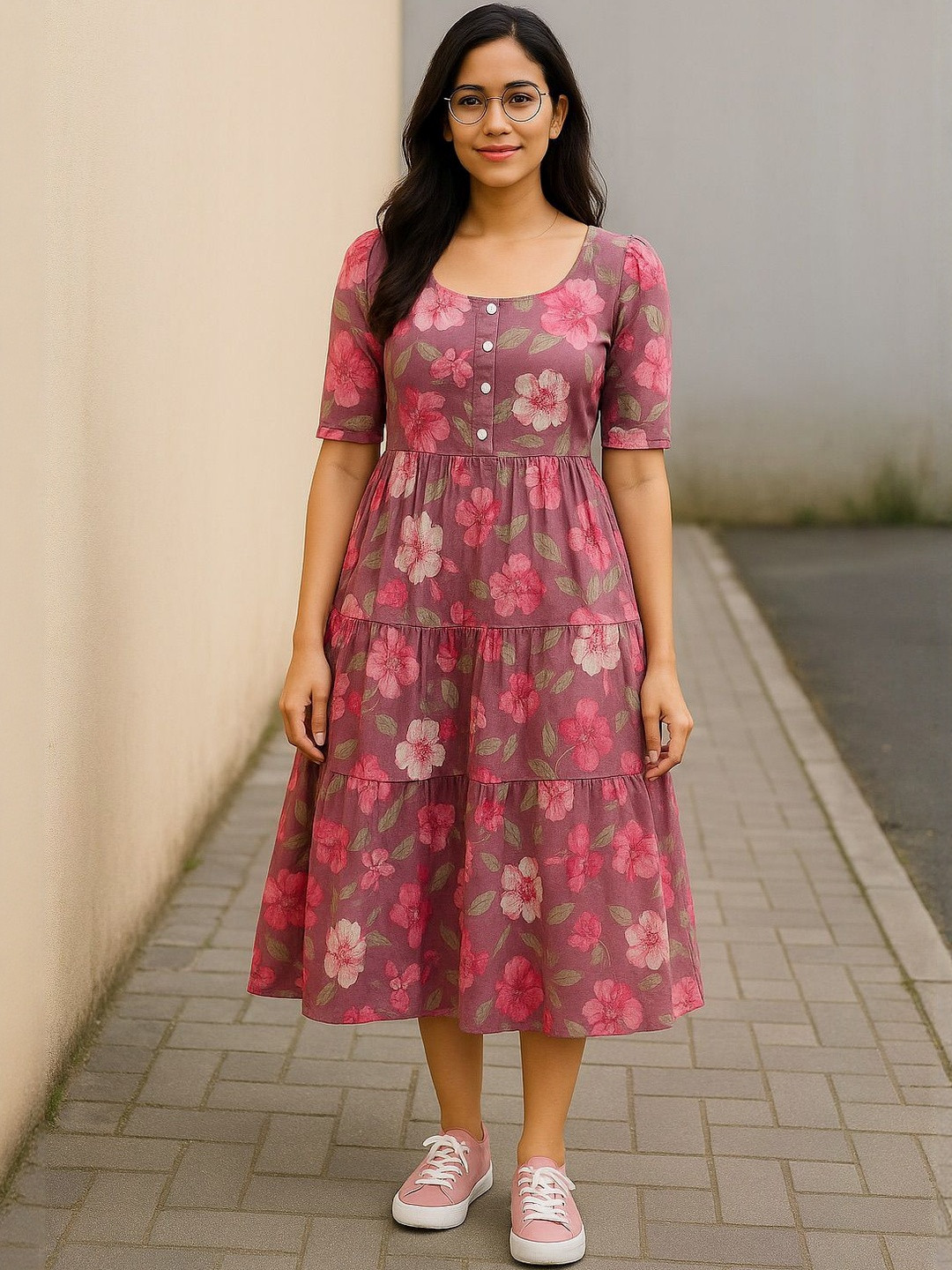 THE WHITE FEATHERS Floral Printed Fit and Flare Midi Dress