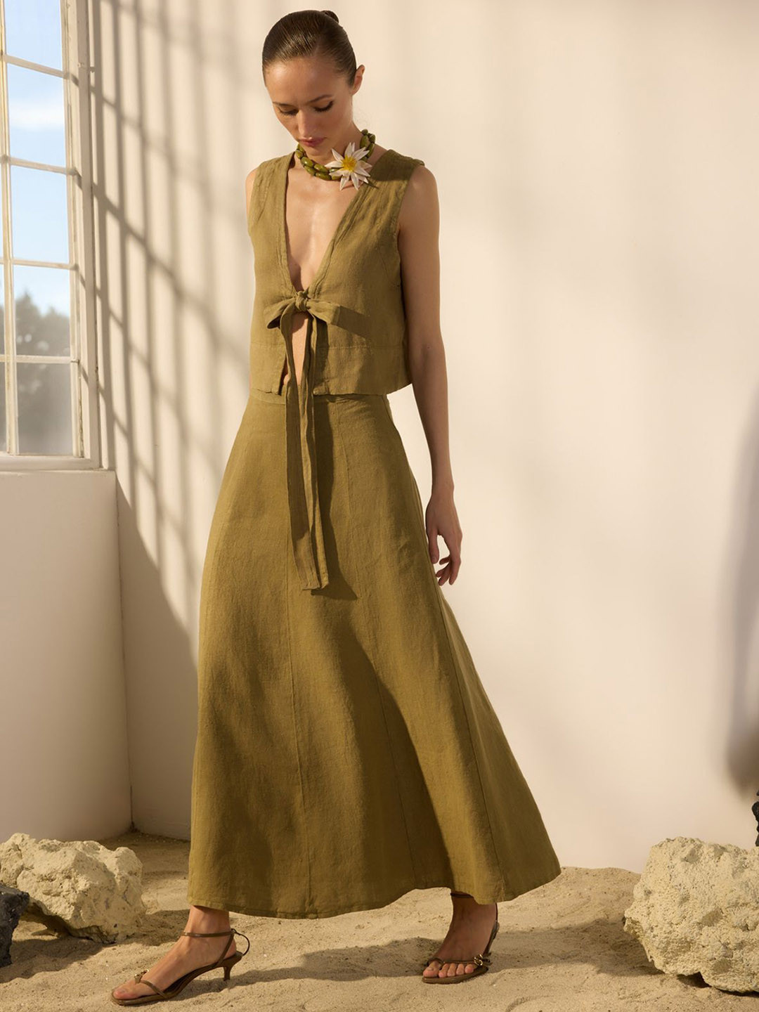 Trendyol Mid Rise Flared Linen Maxi Skirt
