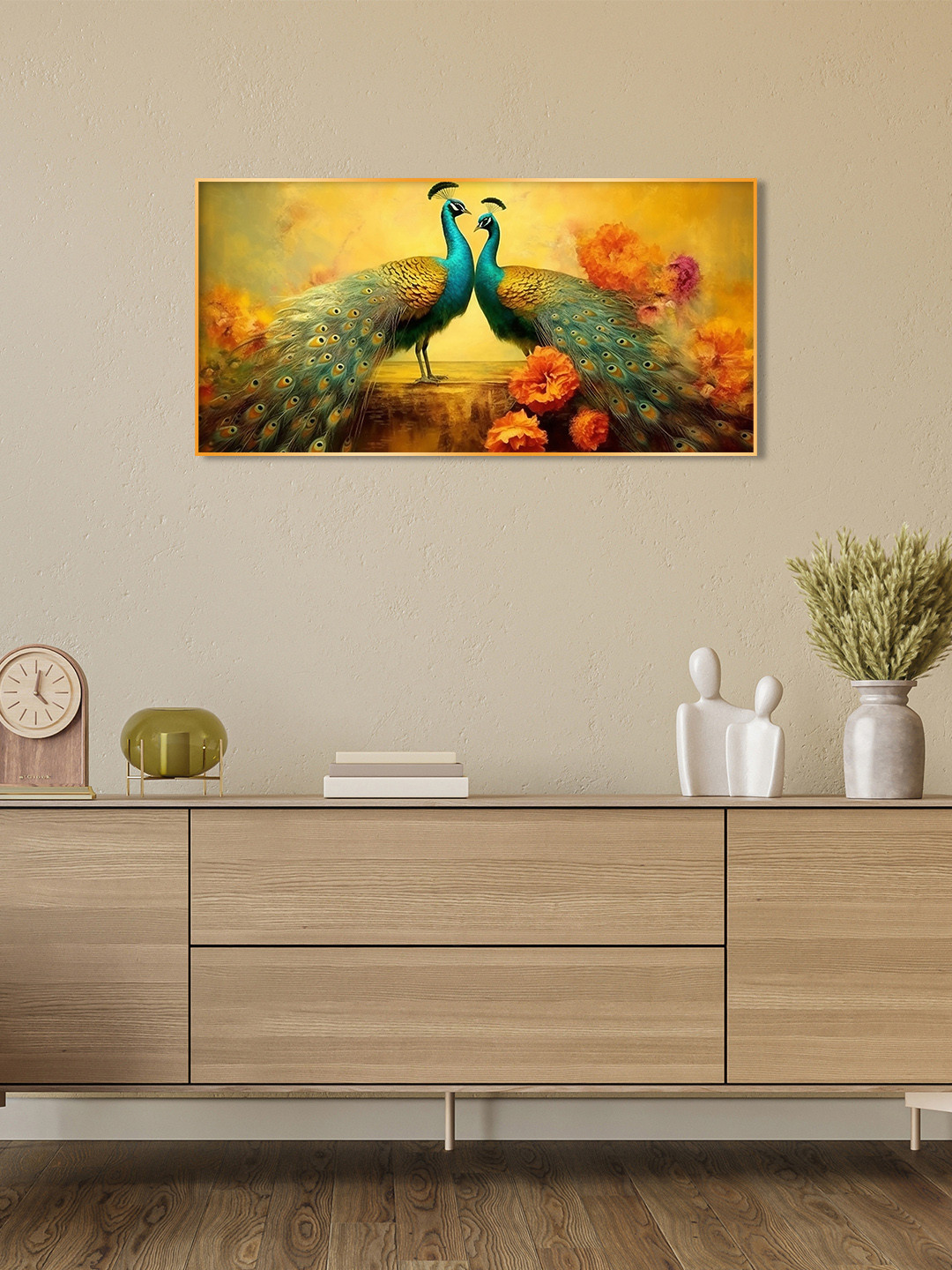 THE NEXT DECOR Blue & Green Peacocks With Flower Background Horizontal Wall Art
