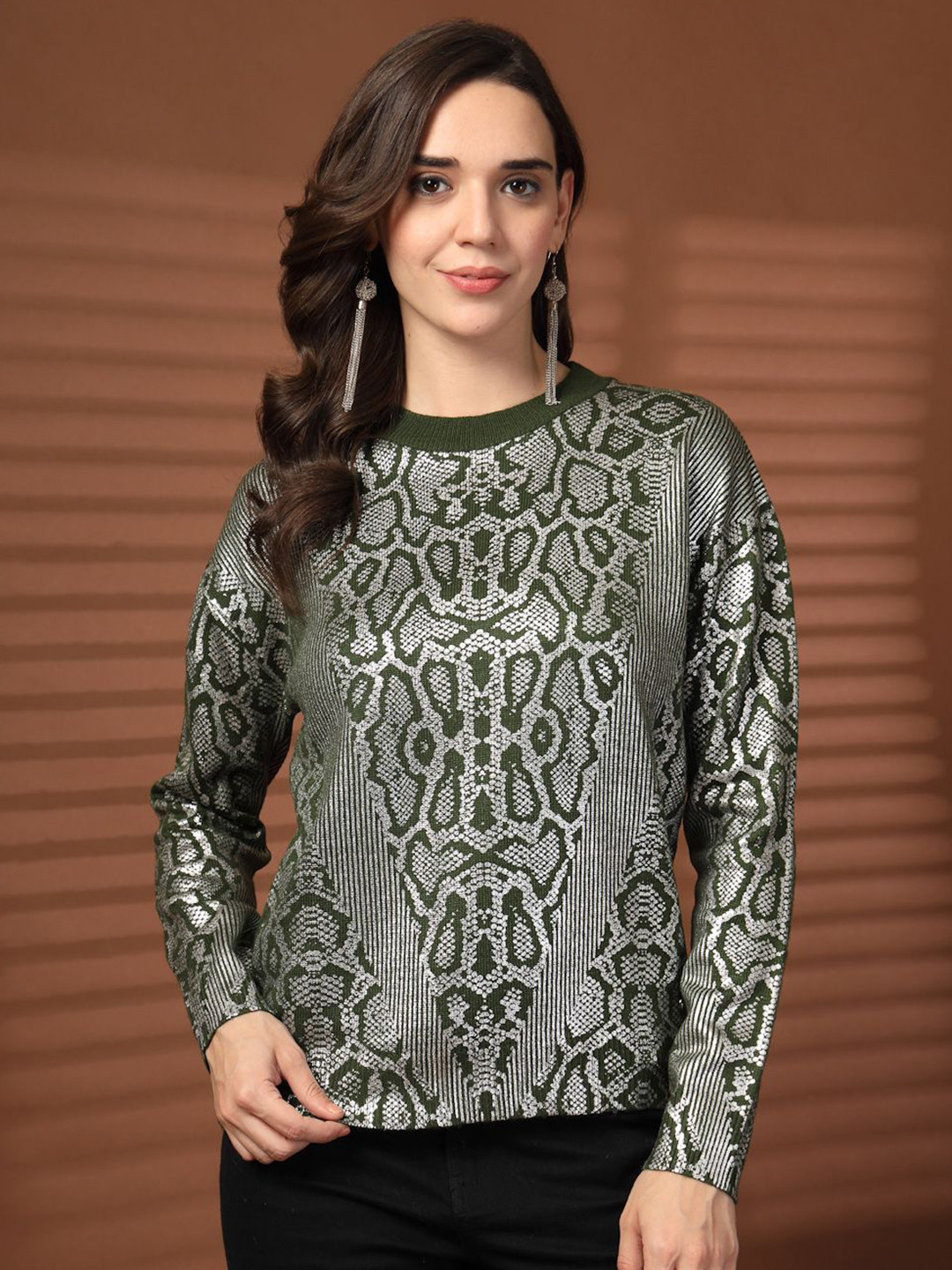 R.Code by The Roadster Life Co. Women Abstract Printed Long Sleeve Woolen Pullover