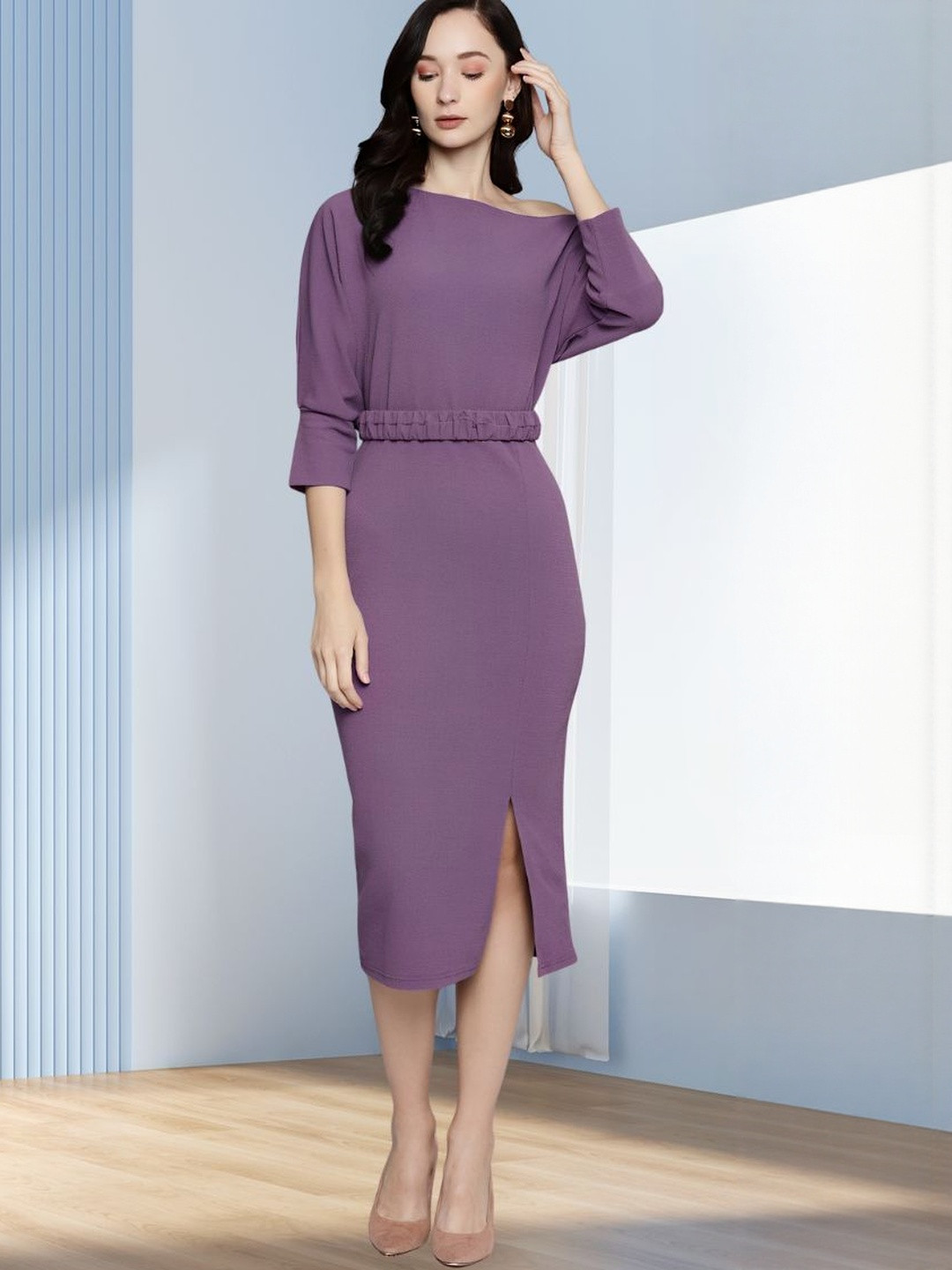 WATAY Women Off-Shoulder Batwing Sleeve Slits Detail Sheath Midi Dress