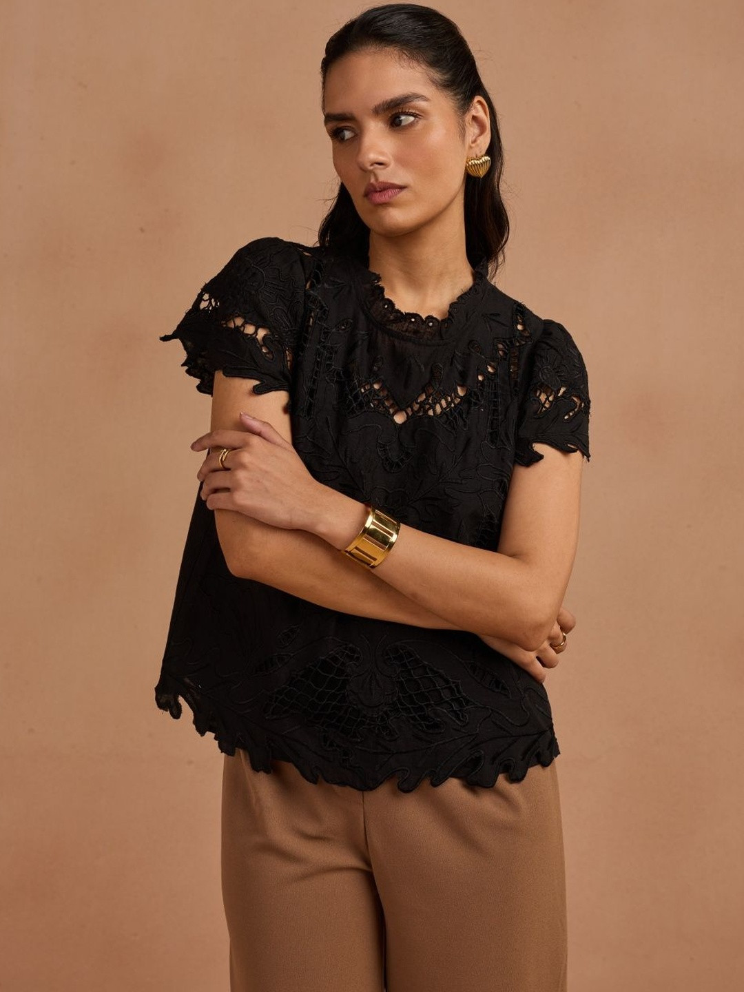 Style Island Women Lace-Insert Cap Sleeves Cotton Top