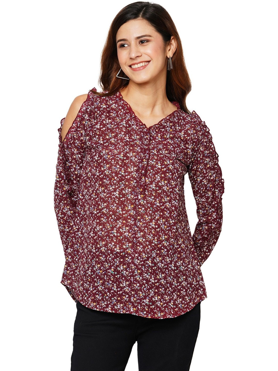G0-4 IT Women Floral Printed Cold-Shoulder Ruffles Georgette Top