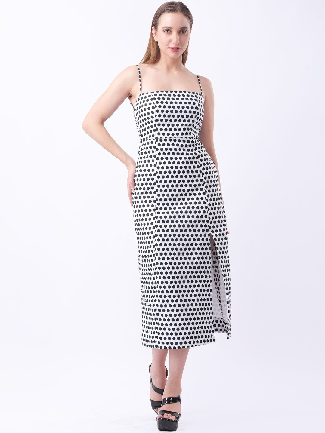 Fashion Gaiia Women Polka Dot Printed Spaghetti Strap A-line Midi Dress