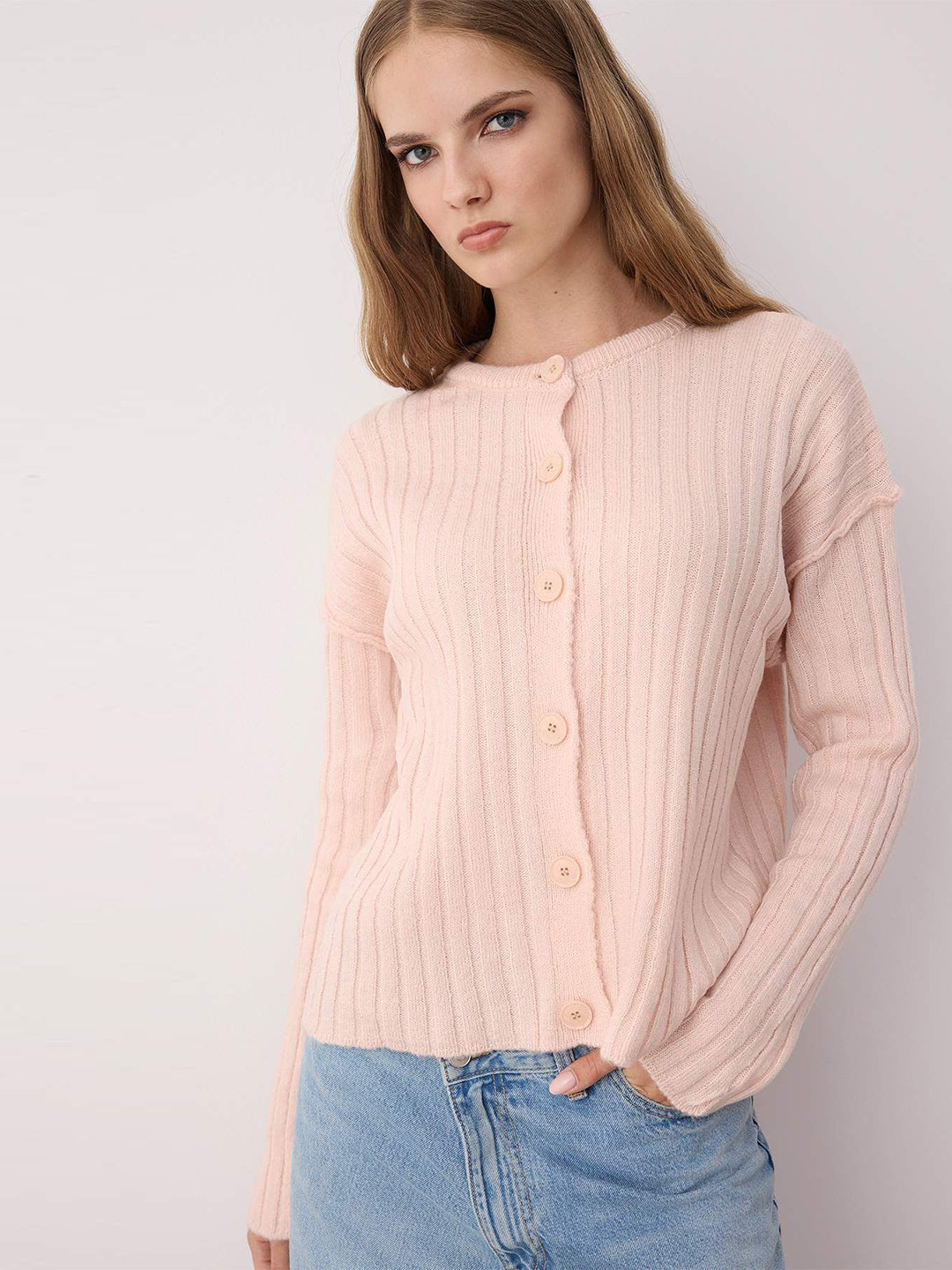 Trendyol Pudra Women Round Neck Long Sleeves Cardigan