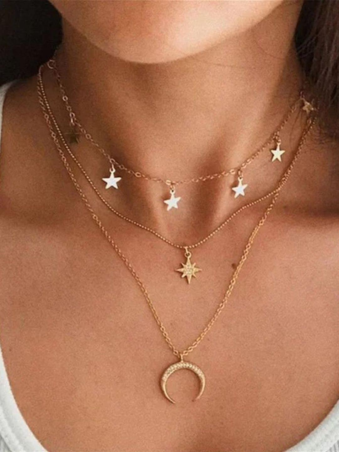 DressBerry Women Gold-Plated Layered Three Layered Moon Studded Star Chain