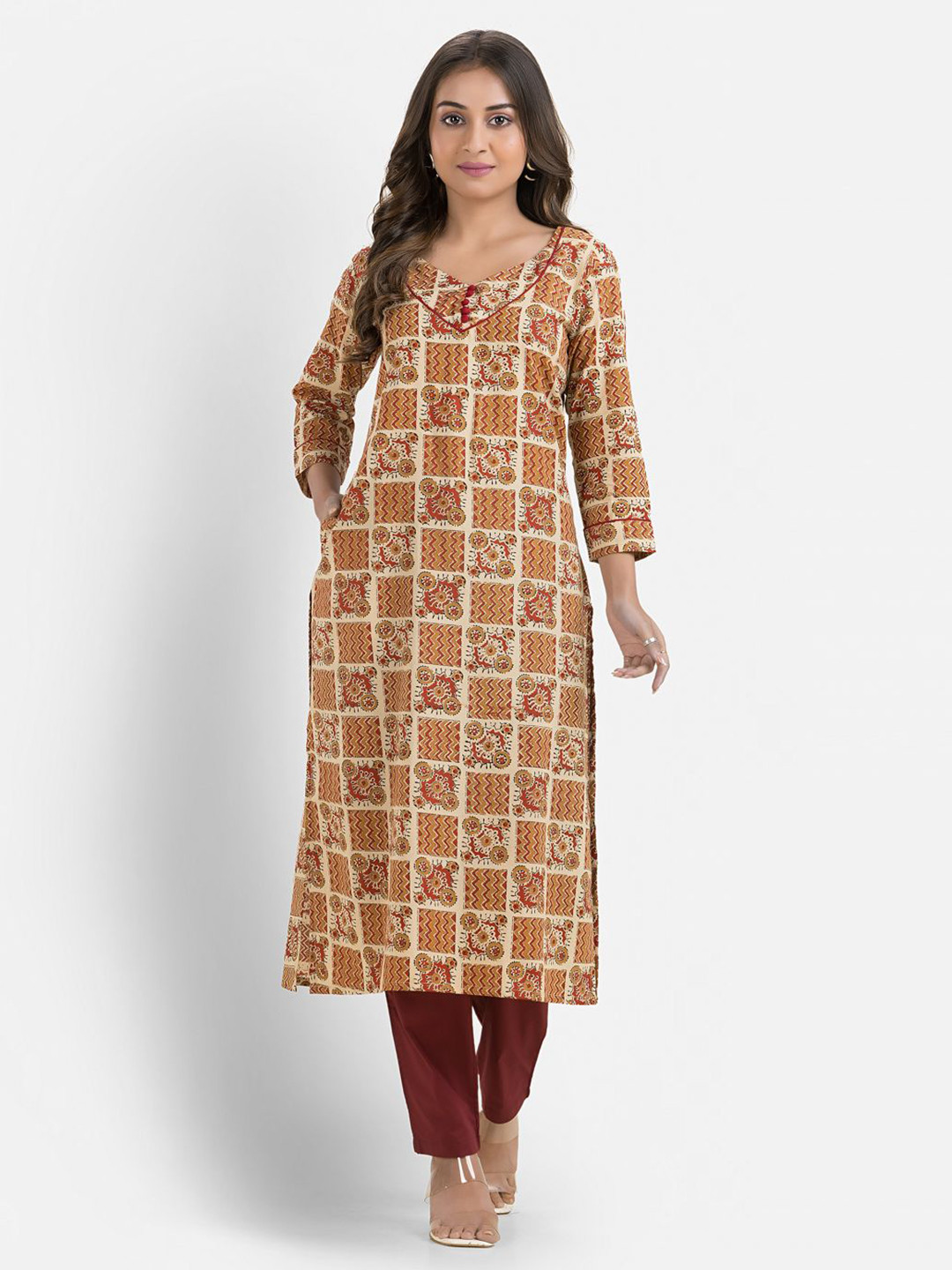 Crazy Needle Women Floral Printed Cotton V-Neck Straight Regular Knee Length Kurta