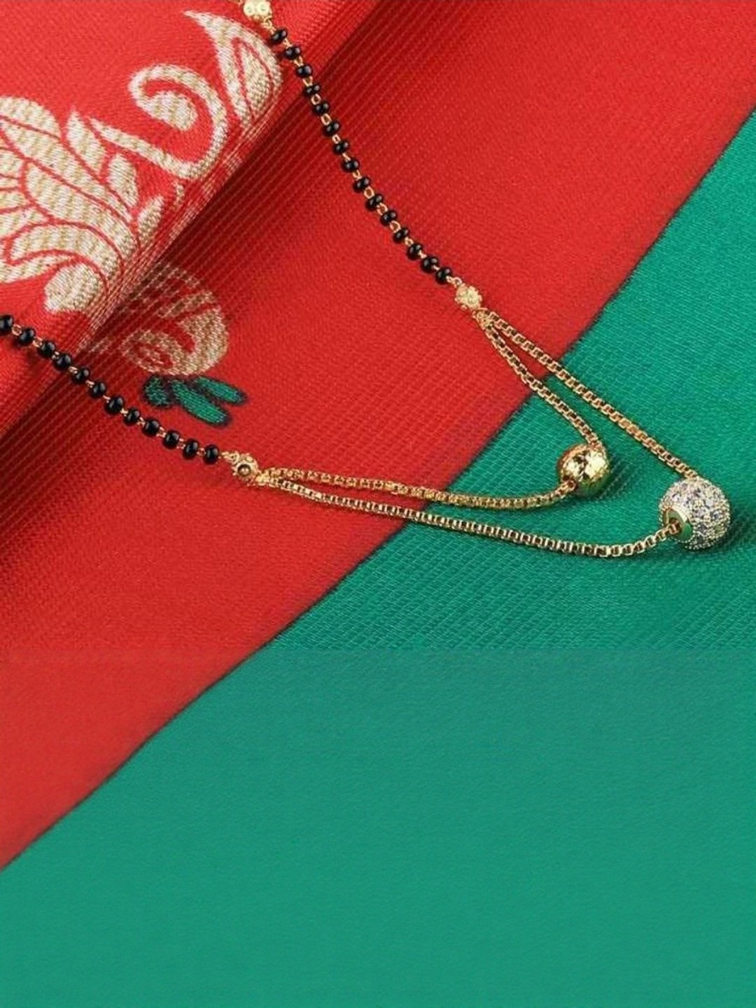 Cristal Craft Gold-Plated Black Artificial Stones & Layered Beads Studded Mangalsutra