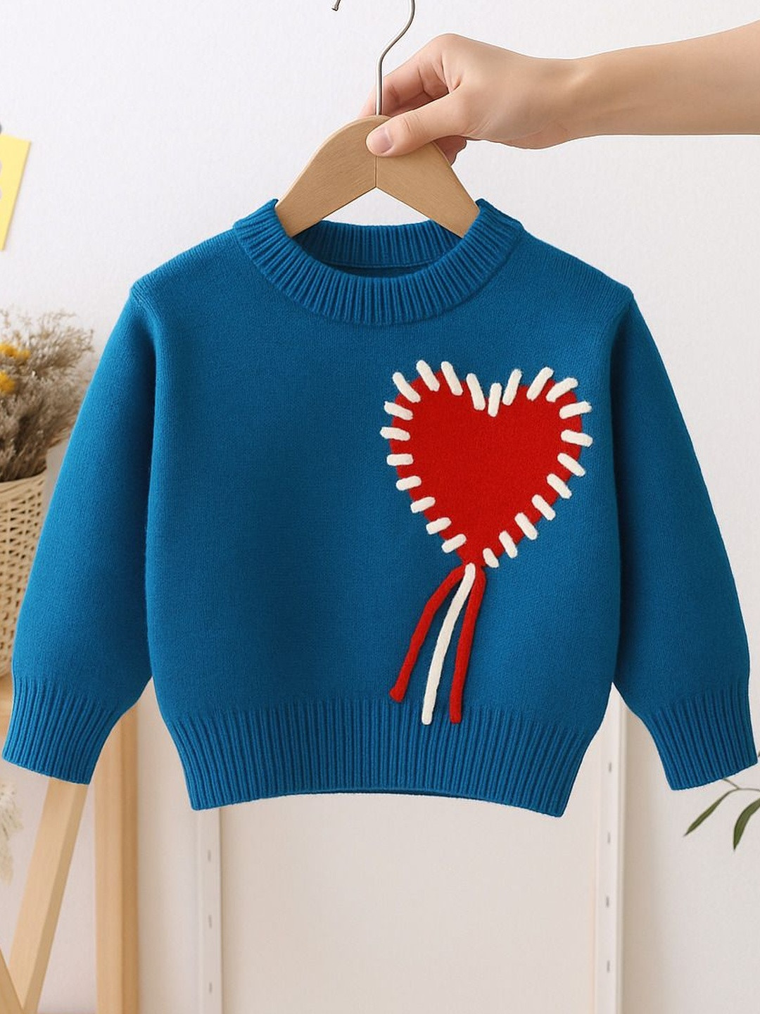 YK Girls Blue Heart Embroidered Detail With Pullover Sweater