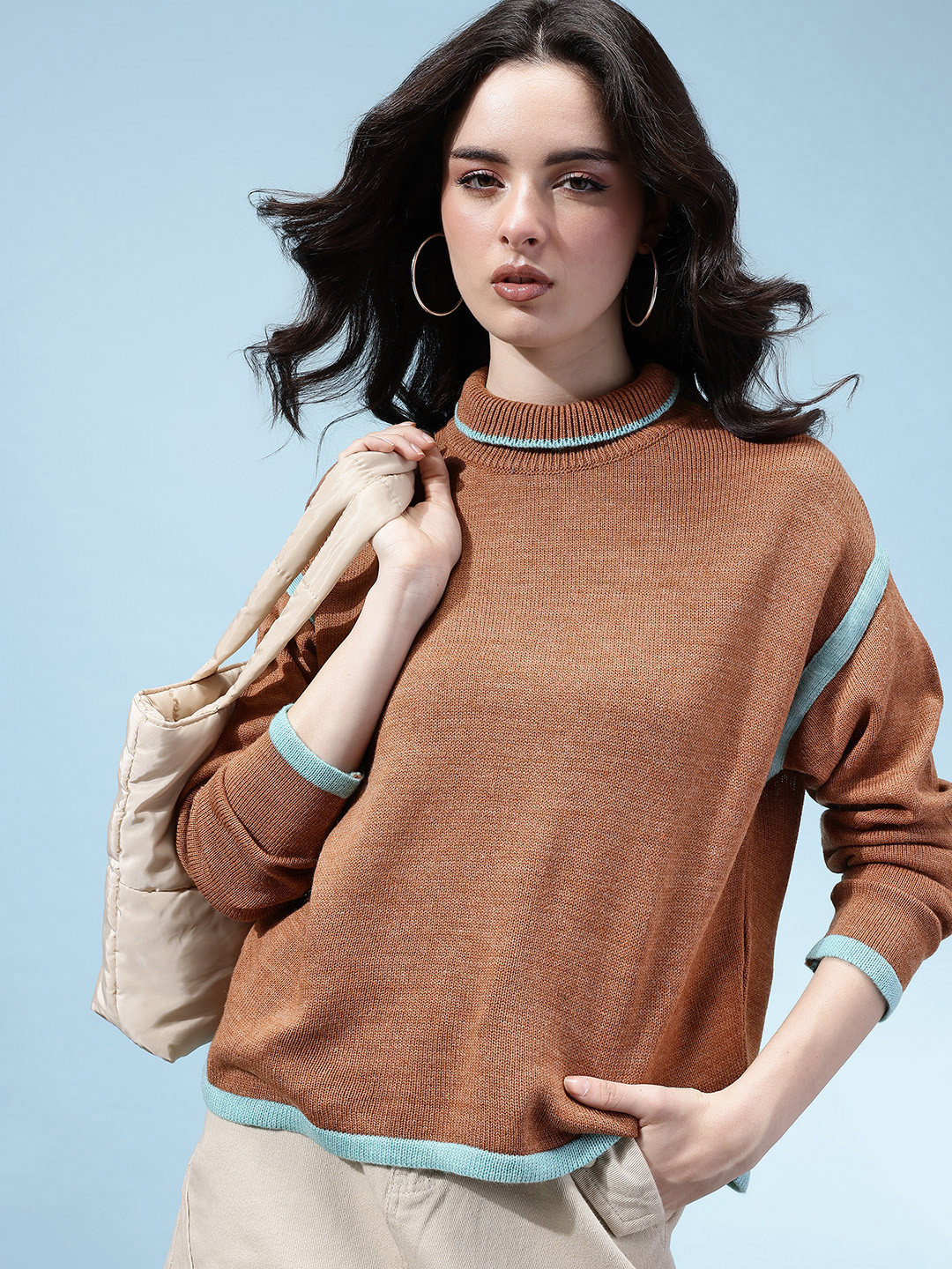 glitchez Contrasting Edges Turtle Neck Drop-Sleeves Acrylic Relaxed Fit Pullover