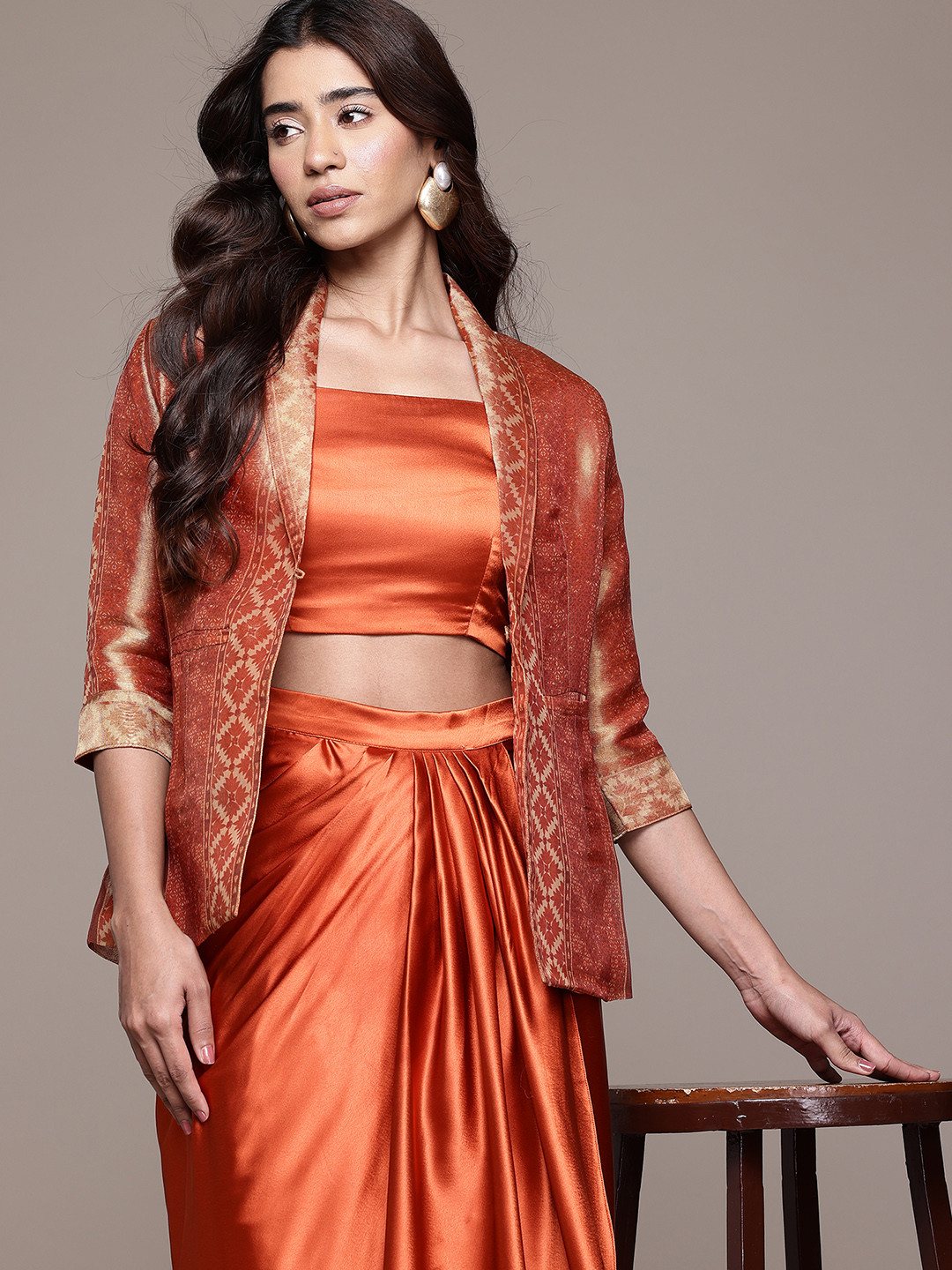 aarke Ritu Kumar Fitted Crop Top with Draped Skirt and Festive Jacket
