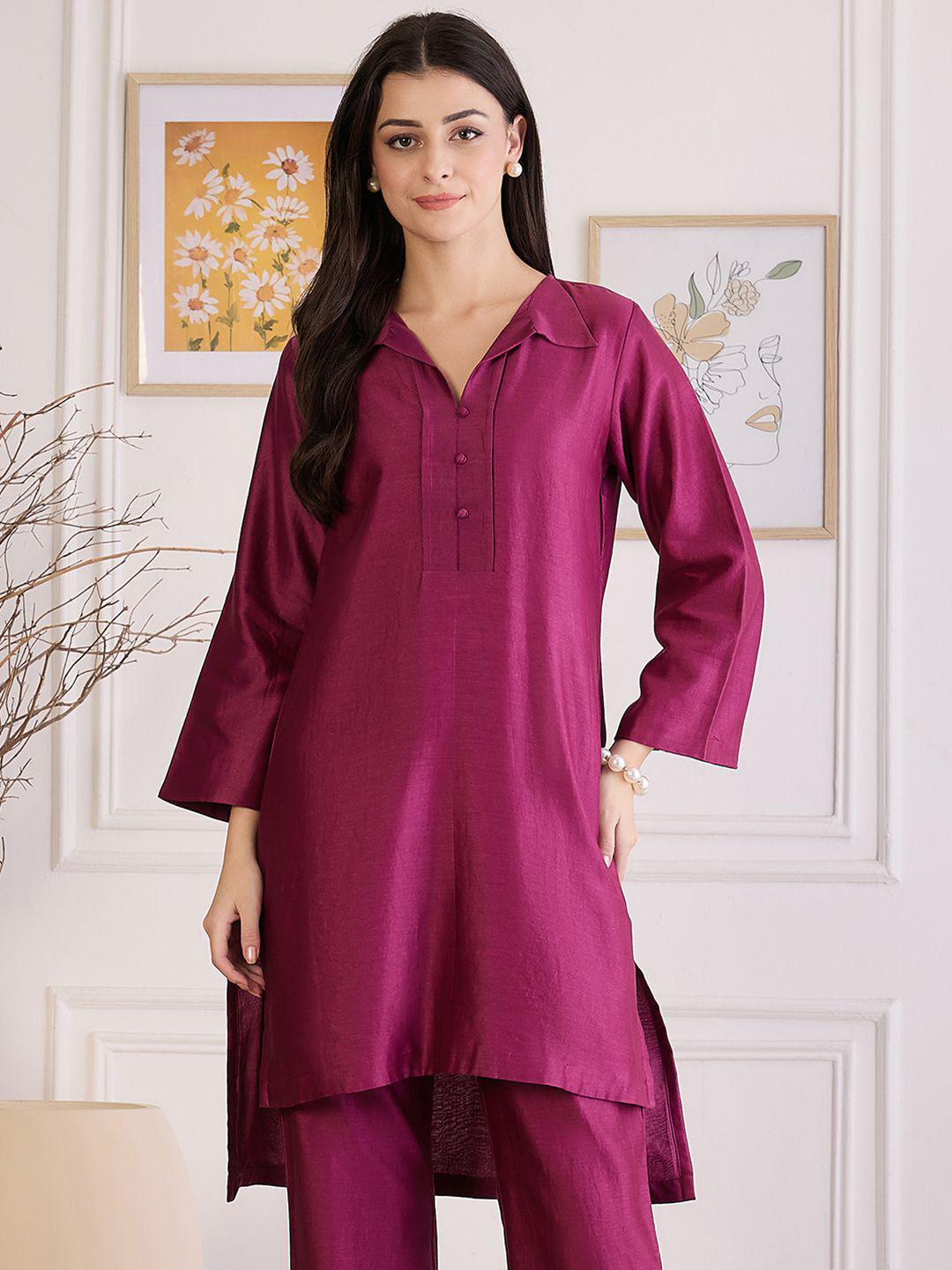First Resort by Ramola Bachchan Women Plum Asymmetric Shirt Collared Cotton Regular Kurta