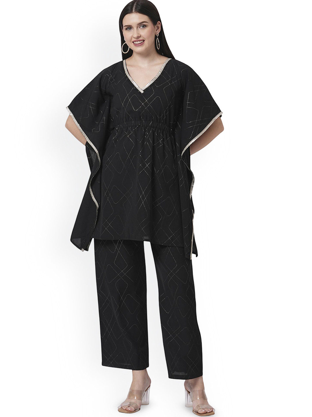 G0-4 IT Self Design V-Neck Kaftan Tunic With Trousers