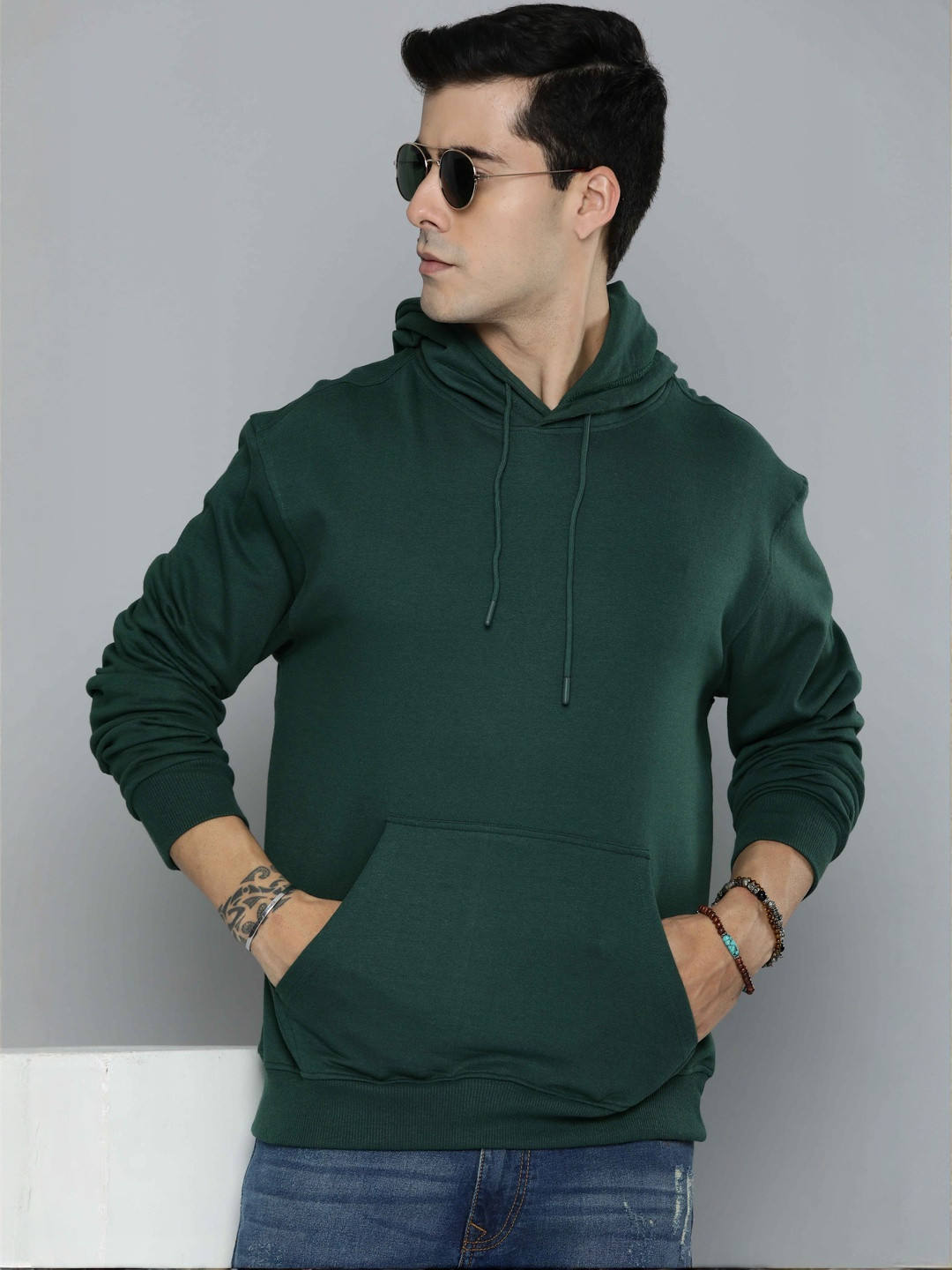 Moda Rapido Men Green Hooded Kangaroo Pocket Ribbed Fleece Sweatshirt