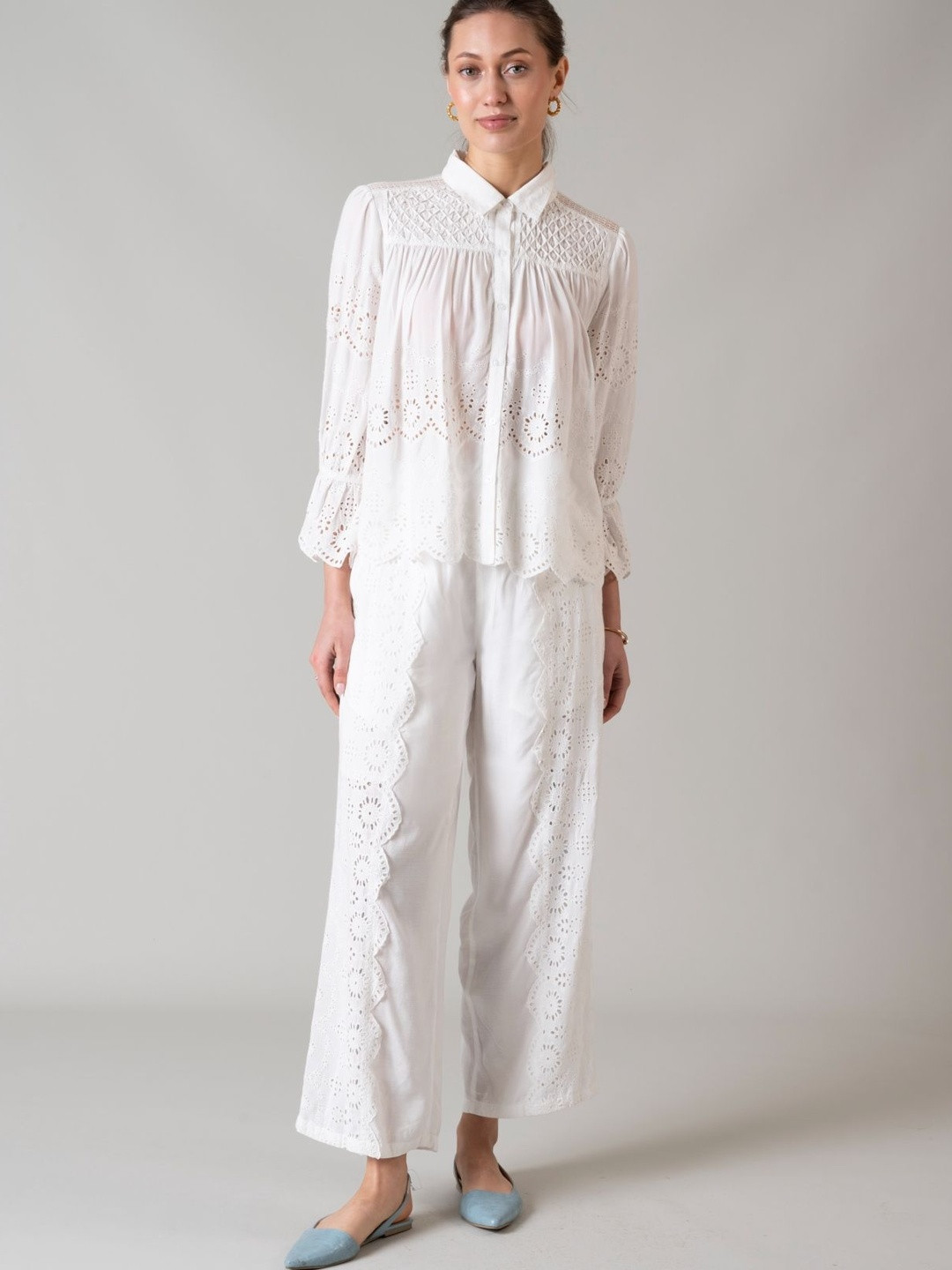 Style Island Women Embroidered Bell Sleeve Shirt Collar Cotton Alba Schiffli Top