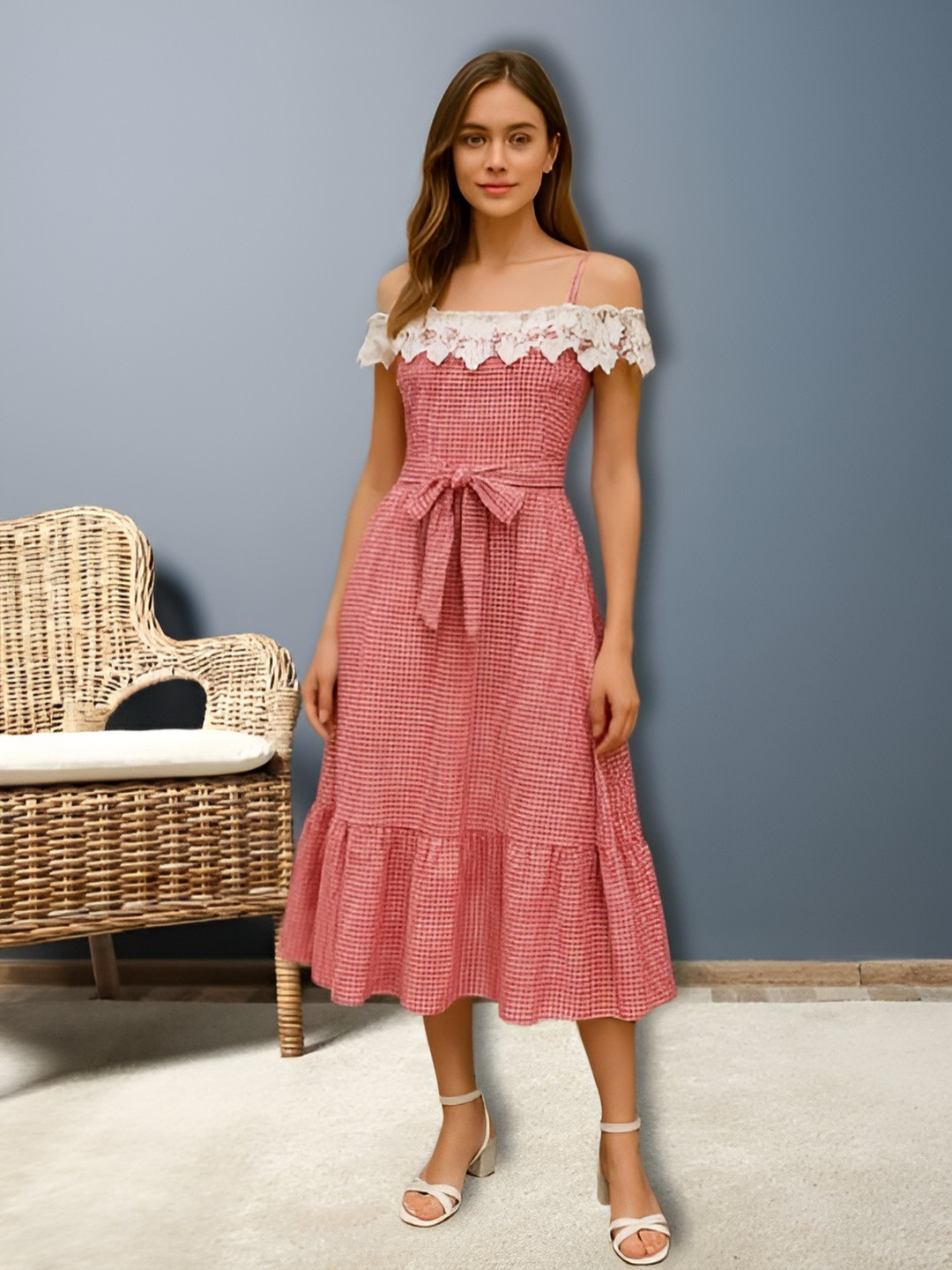 MARC LOUIS Women Checked Tie-Ups Organic Cotton Midi A-Line Dress