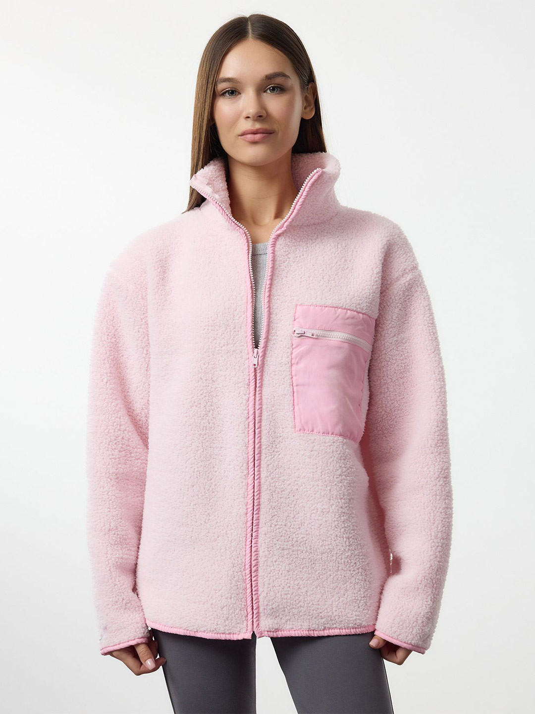 Trendyol Ak Pembe Women High Neck Front Open Sweatshirt