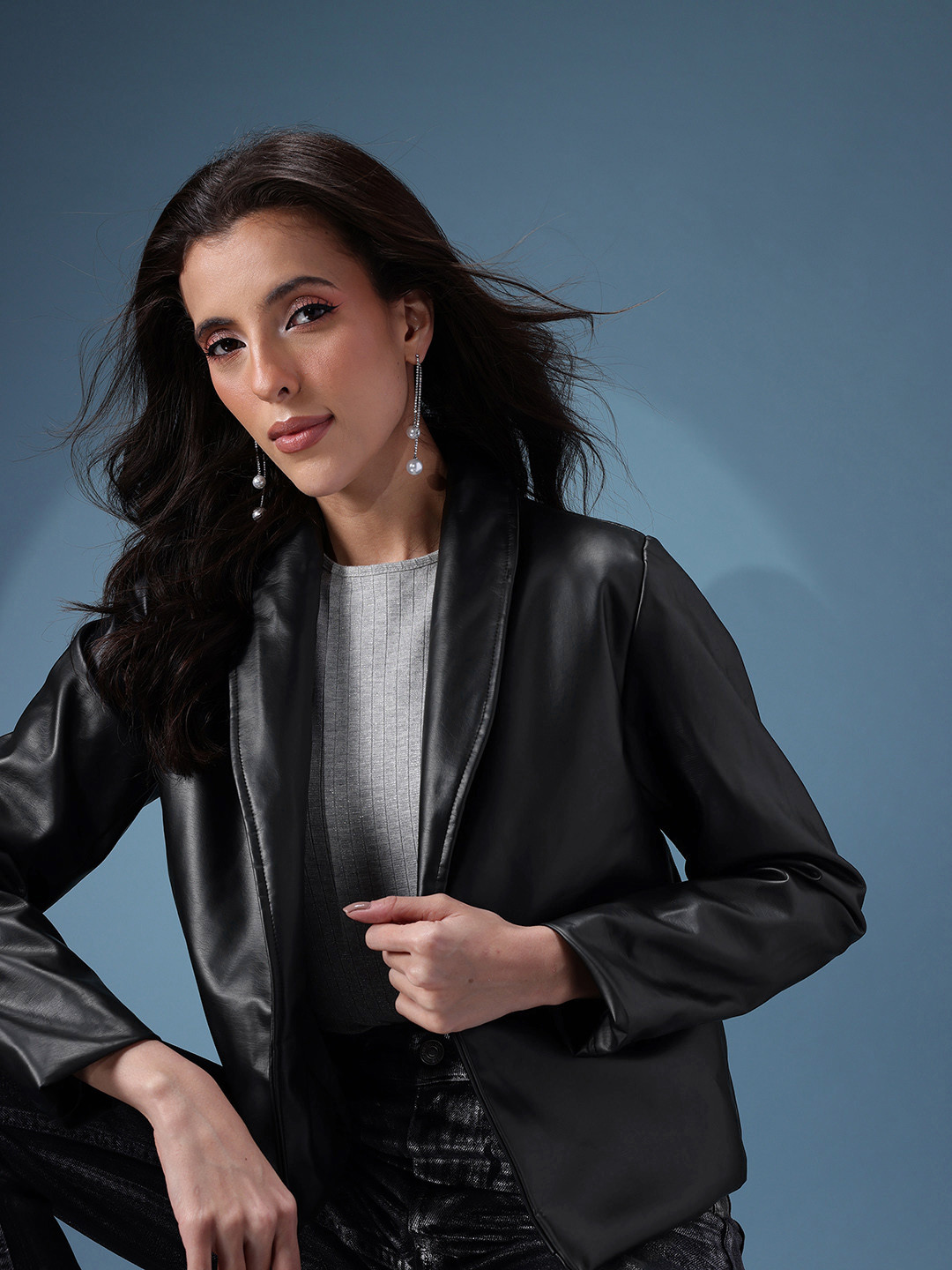 bebe Open Front Faux Leather Jacket