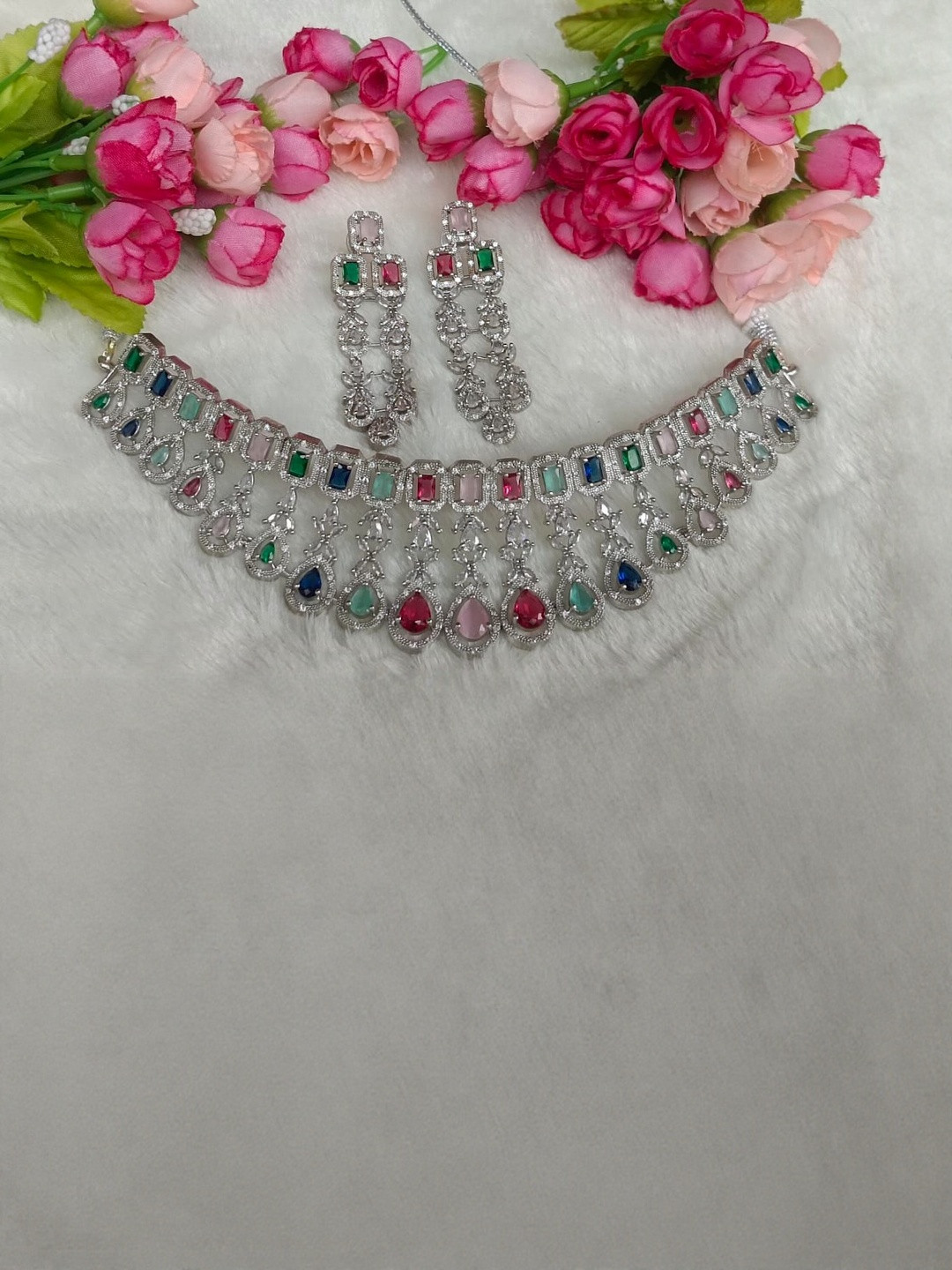 DENICRAAS Women MultiColor Alloy Silver Plated Crystal Necklace & Earing Jewellery set