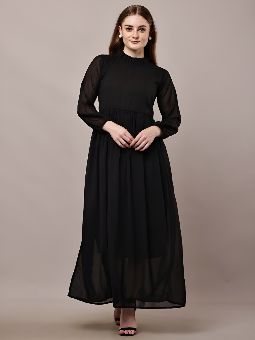 Bright Nex Women High Neck Ruffled Puff Sleeves Fit and Flare Dress