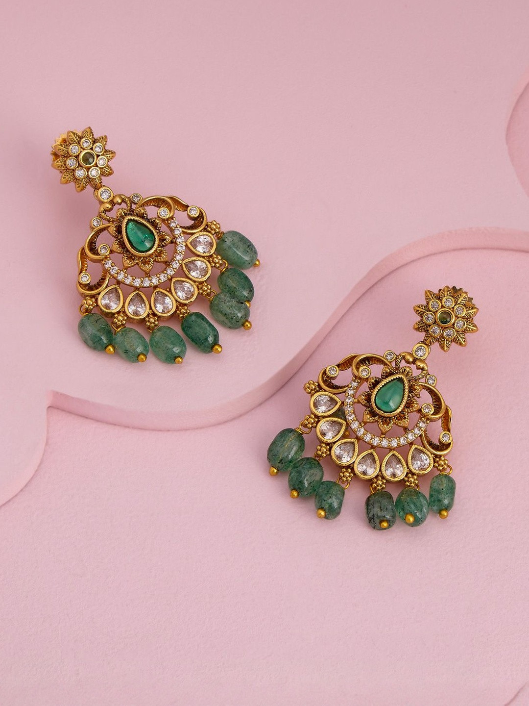 Kushal's Fashion Jewellery Gold-Plated Classic Stones Studded and Beaded Drop Earrings