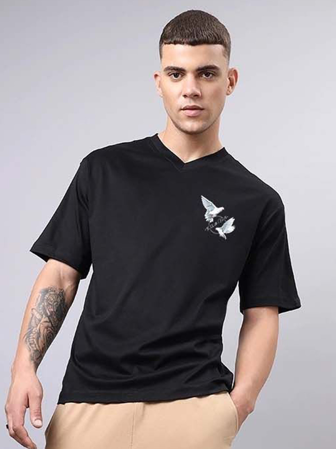 The Youth Mantra Men Graphic Printed V-Neck Cotton Oversized Cotton T-shirt