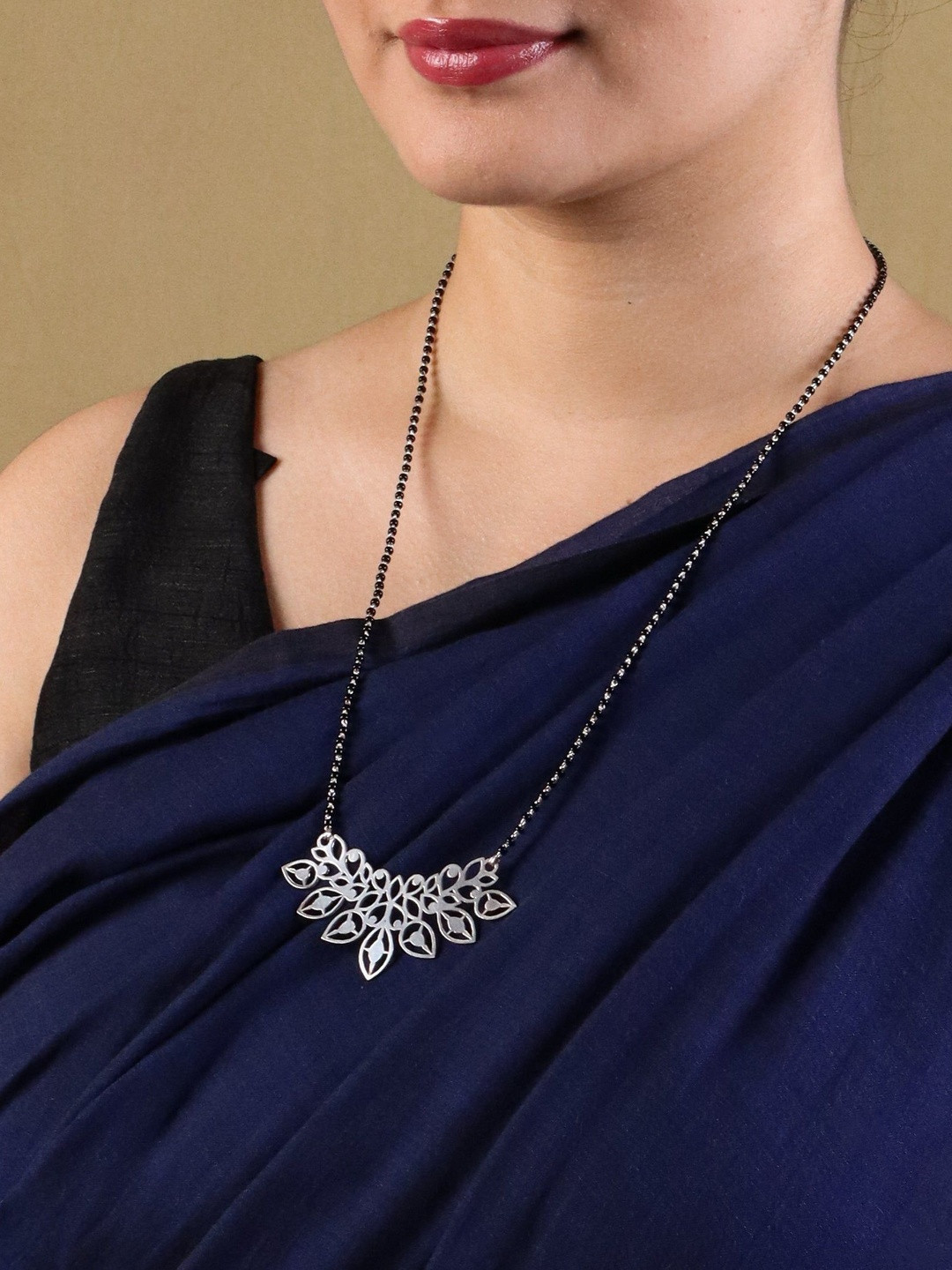 House of Aadyaa 925 Sterling Silver Artificial Beaded Leafy Cluster Mangalsutra