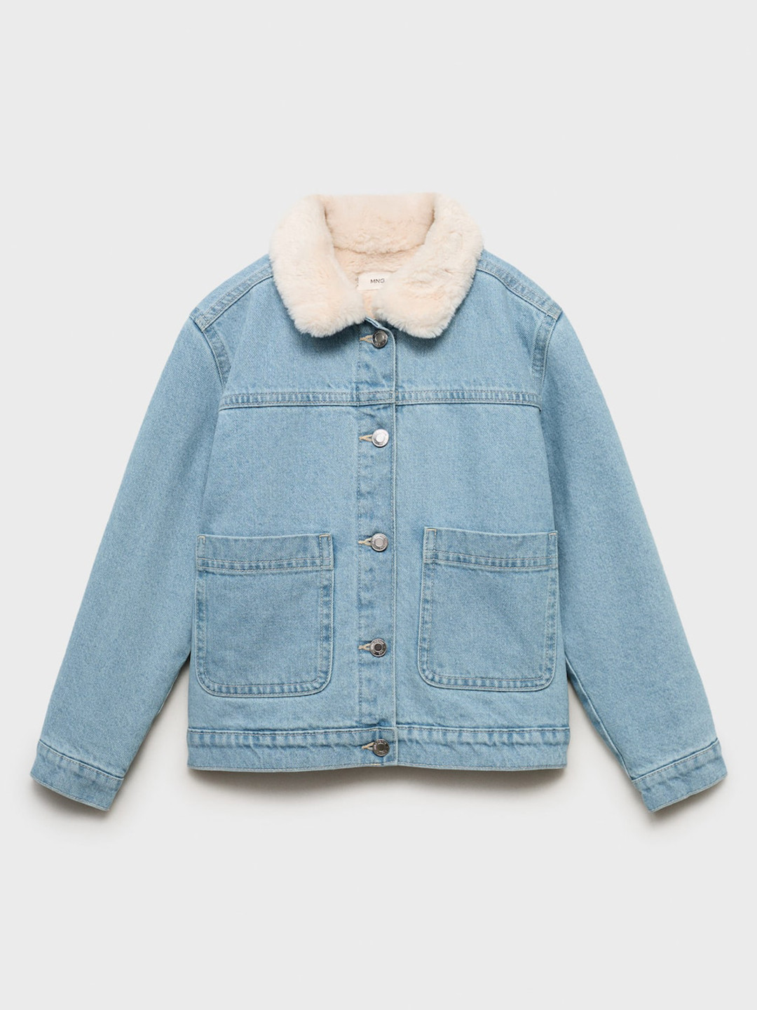 Mango Kids Girls Faux Fur Trim Collar Pure Cotton Denim Jacket