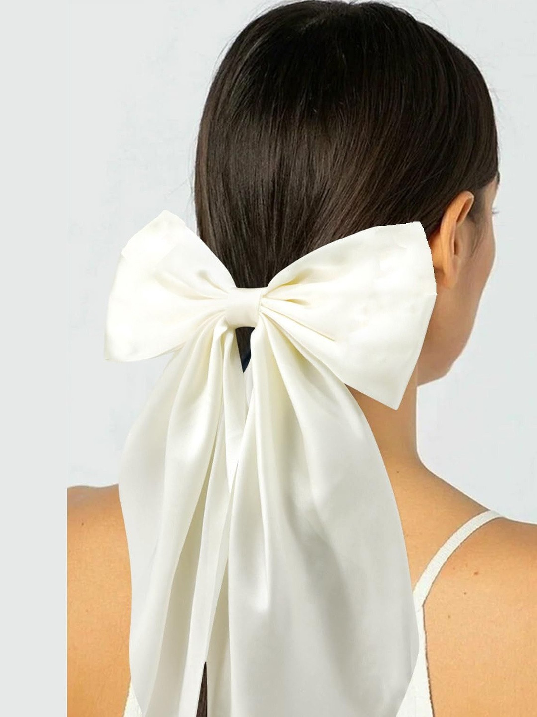 DIVASTRI Women Cream Satin Ribbon Hair Bow Clip