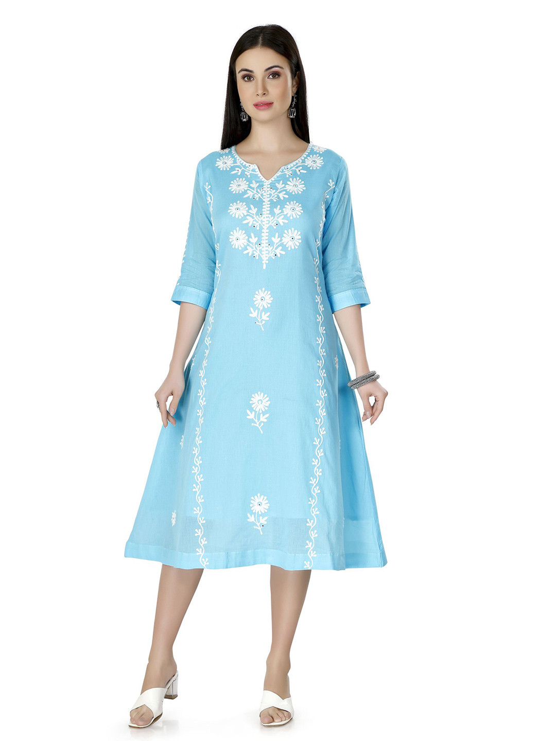 IRIS WOMEN Floral Embroidered V-Neck A-Line Midi Dress