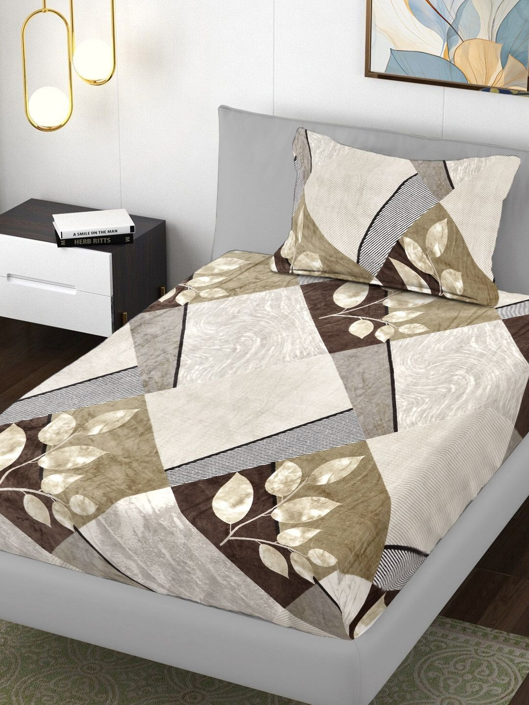 Myntra Elegant Homes Beige & Brown Geometric Print 300 TC Woolen Bedsheet & Pillow Cover