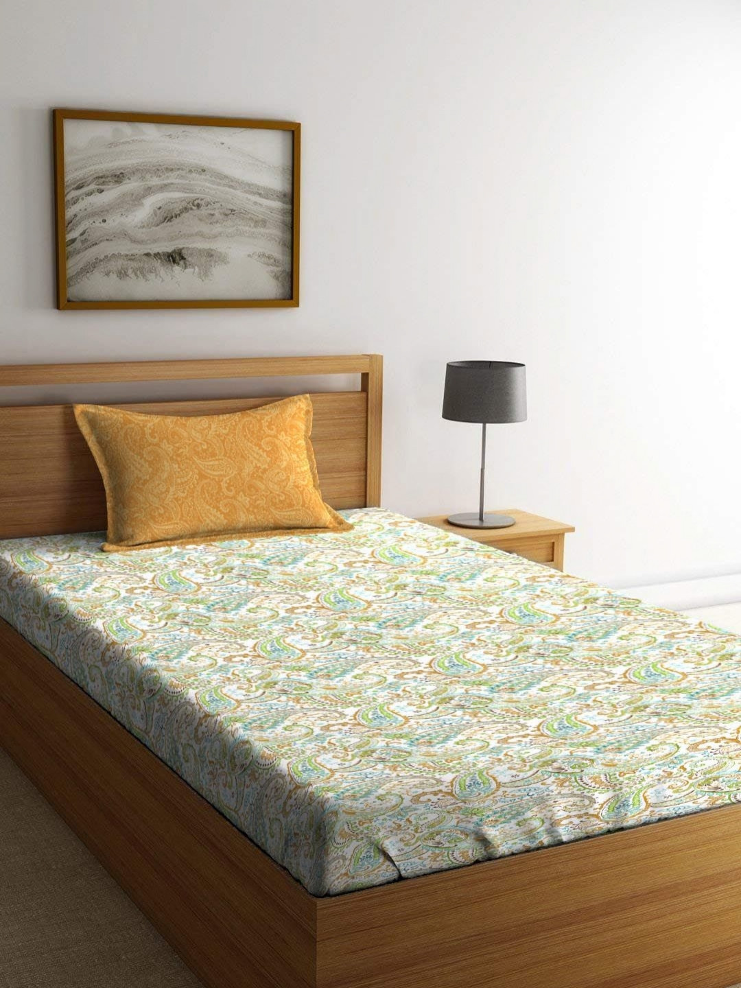 MYTRIDENT Urban Comfort Yellow Printed Pure Cotton 144 TC Single Bedsheet Set 2.28 x 1.52m