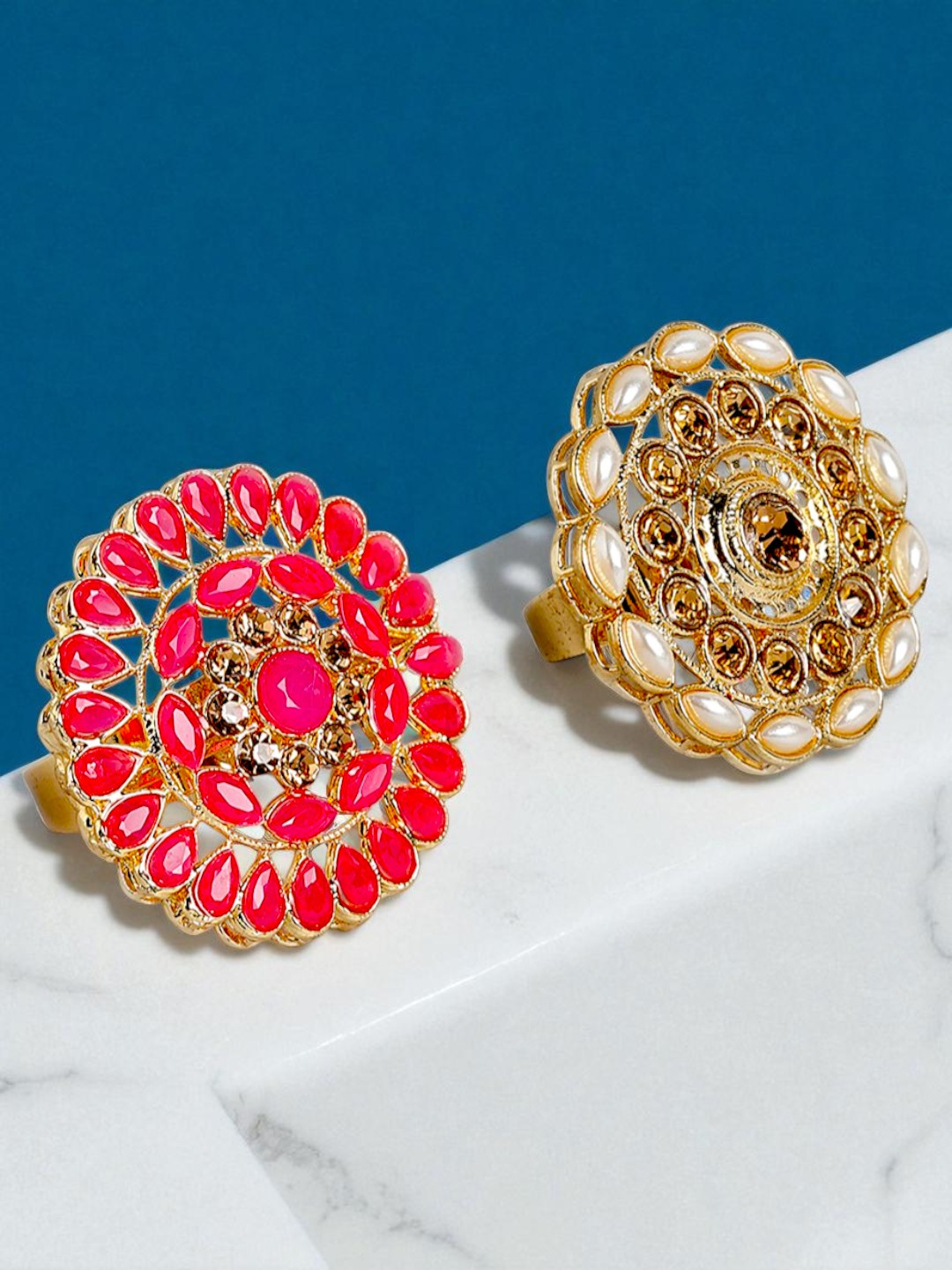 Kord Store Set of 2 Gold Plated White and Pink Stone Finger Ring