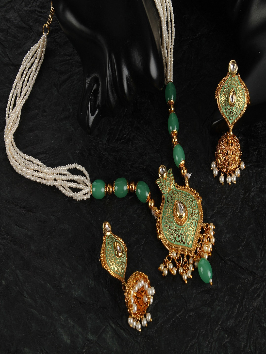 Kord Store Green Gold Plated Lariyat Beaded Haram Necklace & Jhumka Earrings Set