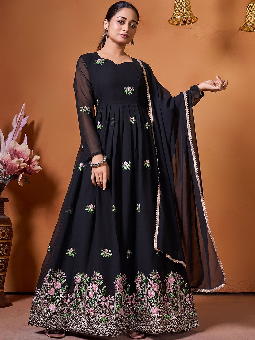 ATOXIC Floral Embroidered Thread Work Long Sleeves Georgette Kurta With Dupatta